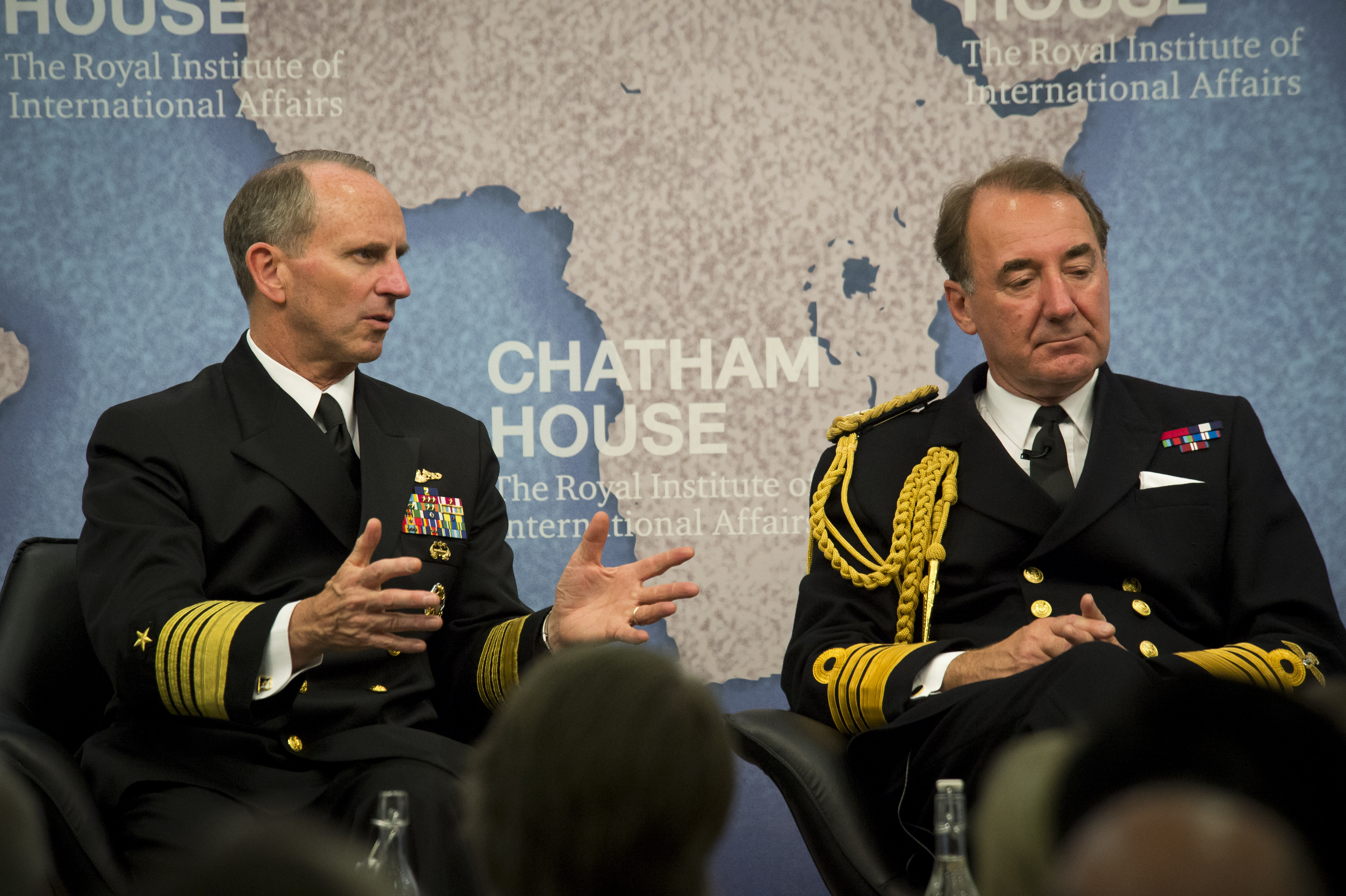 Chief of Naval Operations (CNO) Adm. Jonathan Greenert and First Sea Lord of the Royal Navy Adm. Sir George Zambellas participate in a moderated talk focused on the future of the British-American naval alliance at Chatham House, the Royal Institute of International Affairs on July 15, 2015. US Navy Photo