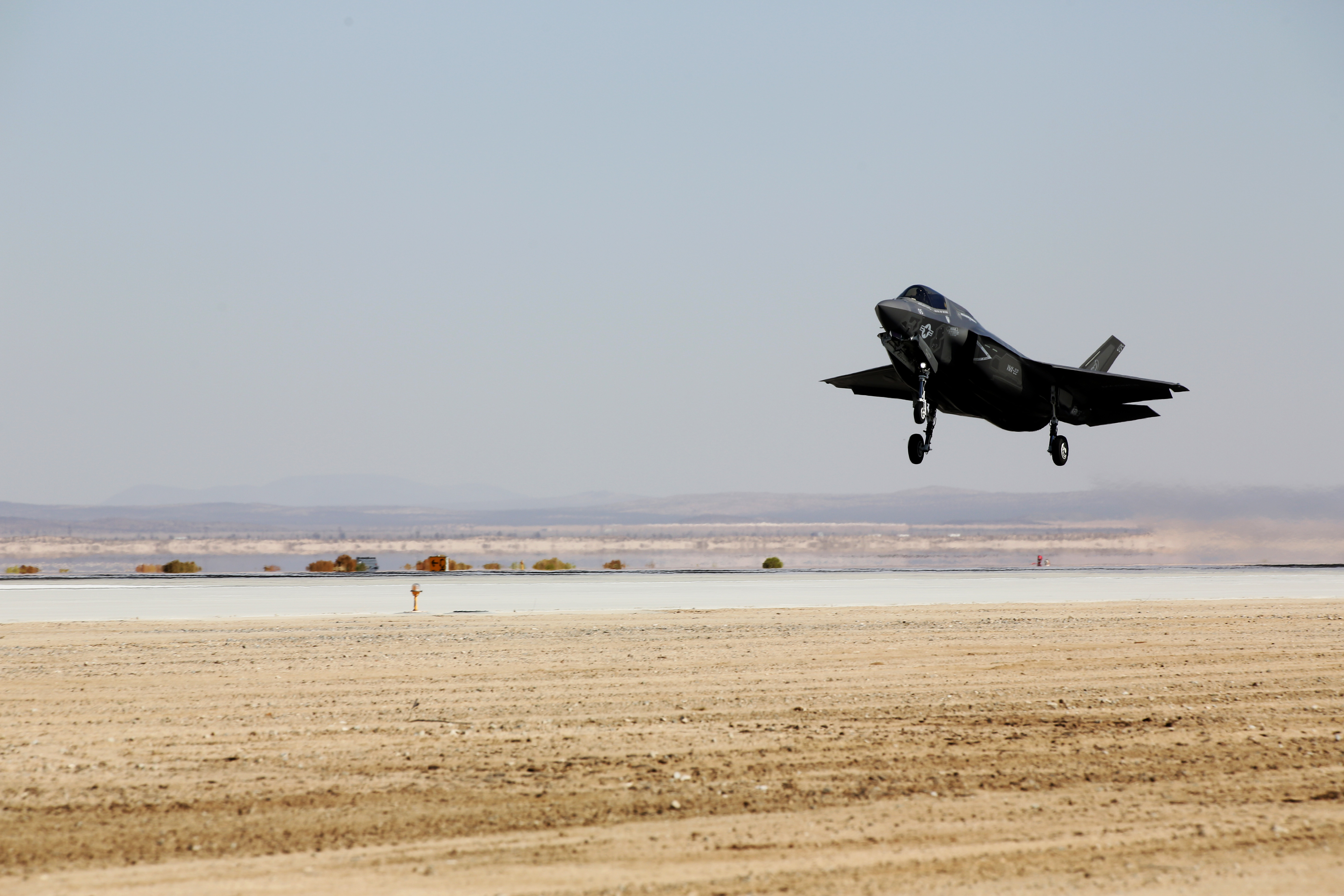 An F-35B Lightning II with Marine Operational and Test Evaluation Squadron (VMX) 22 prepares to touch down aboard Edwards Air Force Base, Calif., Oct. 9. US Marine Corps photo.