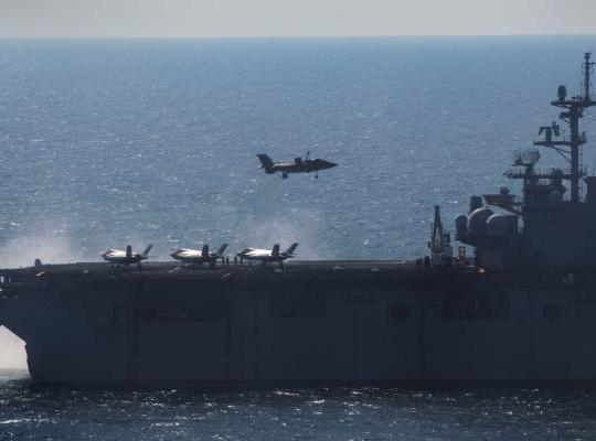 F-35Bs aboard USS Wasp (LHD-1) during operational testing at sea in May 2015. US Marine Corps photo.
