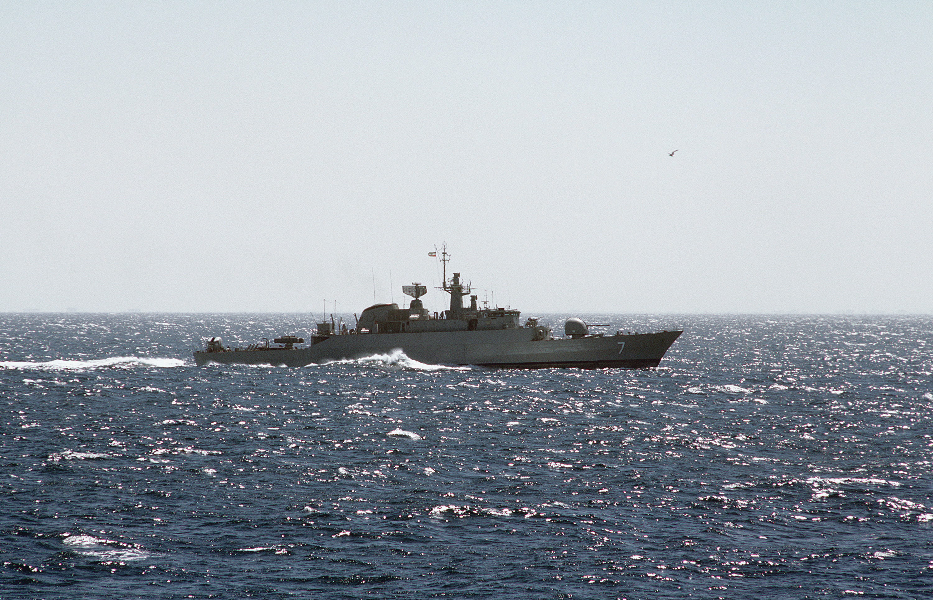 A starboard beam view of an Iranian Alvand class frigate underway. US Navy Photo