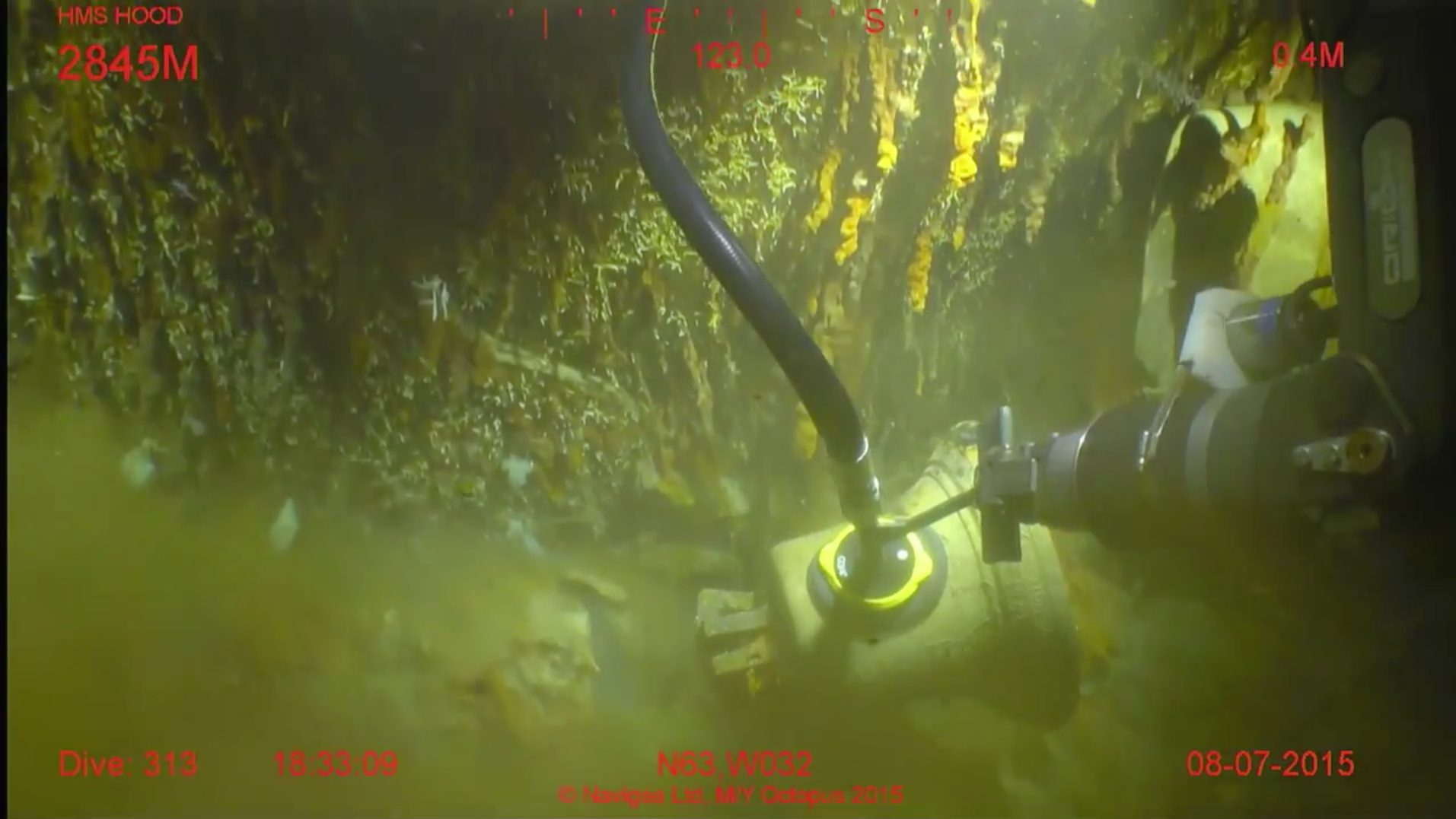 Screen grab of the ship's bell of HMS Hood plucked from the ocean floor on Aug 7, 2015. 