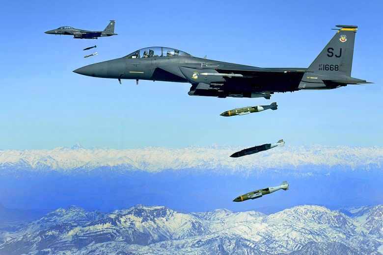 F-15E Strike Eagles, from the 335th Expeditionary Fighter Squadron, drop 2,000 pound Joint Direct Attack Munitions on a cave in eastern Afghanistan, 26 Nov. 2009. US Air Force Photo