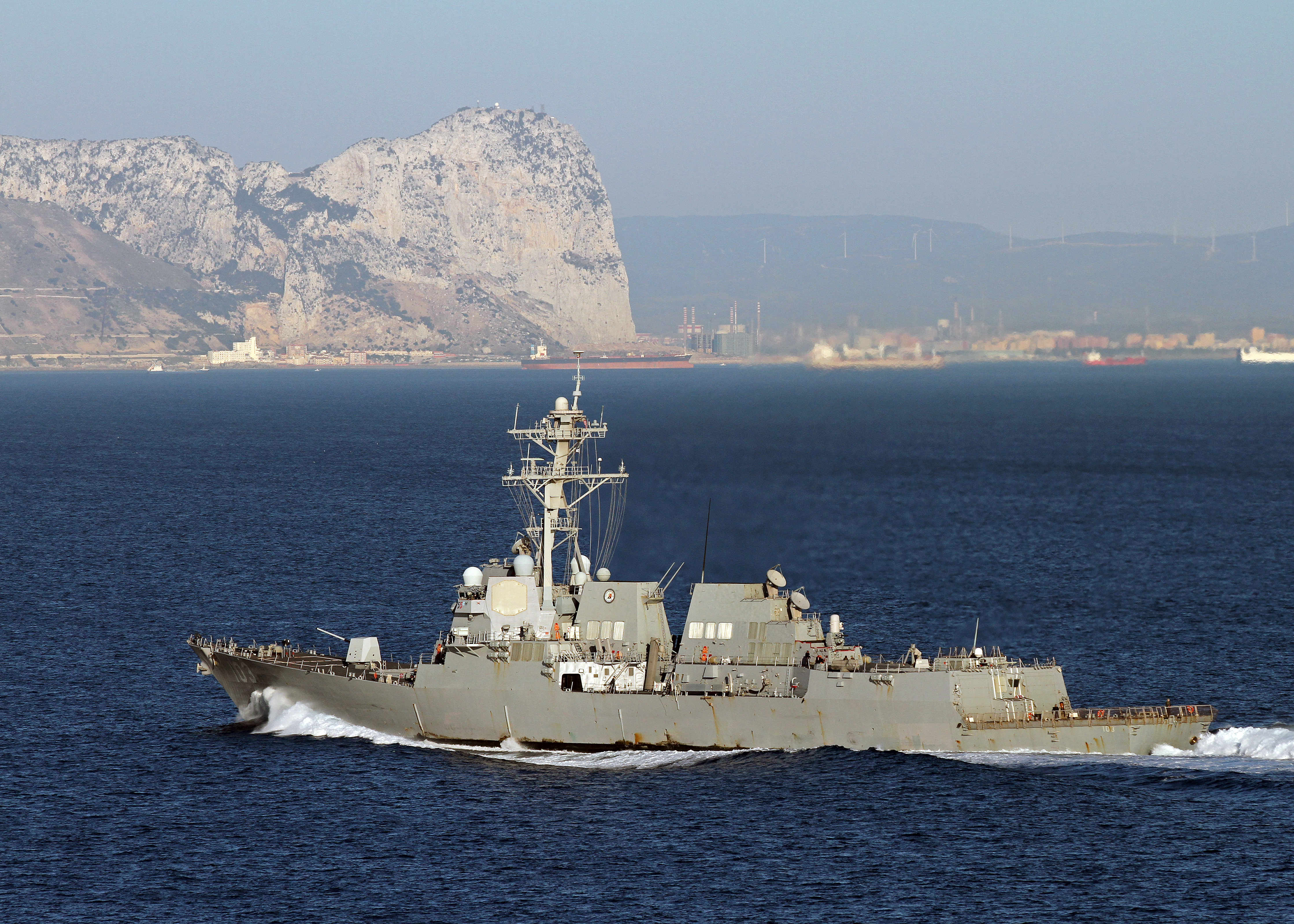Guided-missile destroyer USS Truxtun (DDG-103) transits the Strait of Gibraltar in 2014. US Navy Photo