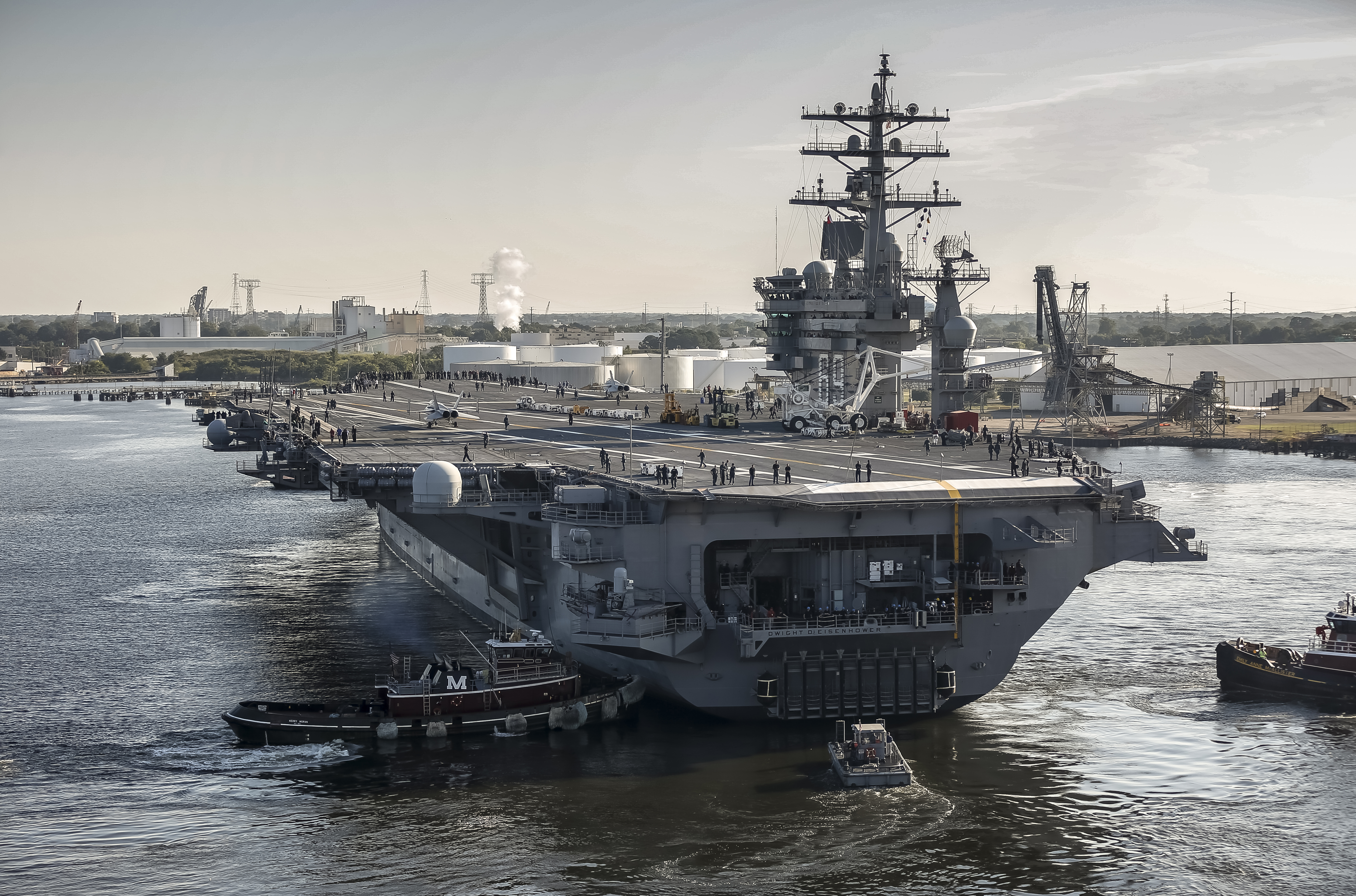 150828-N-MA158-005 PORTSMOUTH, Va. (Aug. 28, 2015) The aircraft carrier USS Dwight D. Eisenhower (CVN 69) departs Norfolk Naval Shipyard following successful completion of its drydocking planned incremental availability. (U.S. Navy photo by Shayne Hensley/Released)