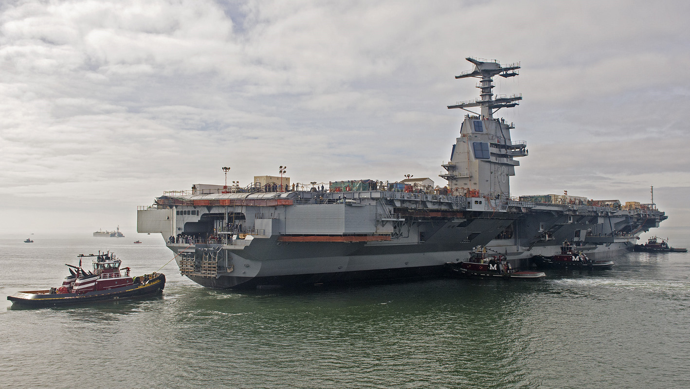 The aircraft carrier Gerald R. Ford (CVN 78) floats in the James River in 2013. Newport News Shipbuilding Photo