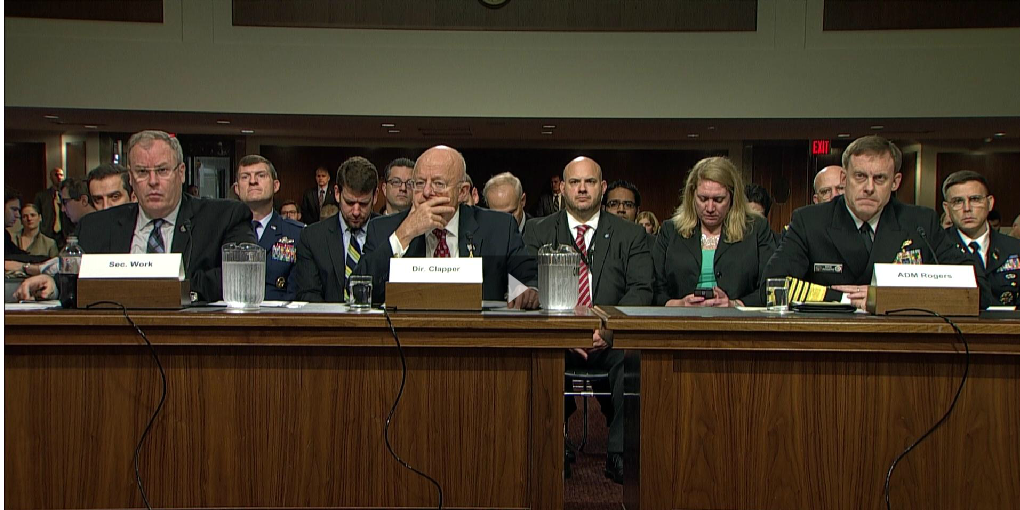 Deputy Secretary of Defense Bob Work, Director of National Intelligence James Clapper and NSA Director Adm. Mike Rogers at a Sept. 29, 2015 Senate Armed Services Committee hearing on cyber warfare. CSPAN Image