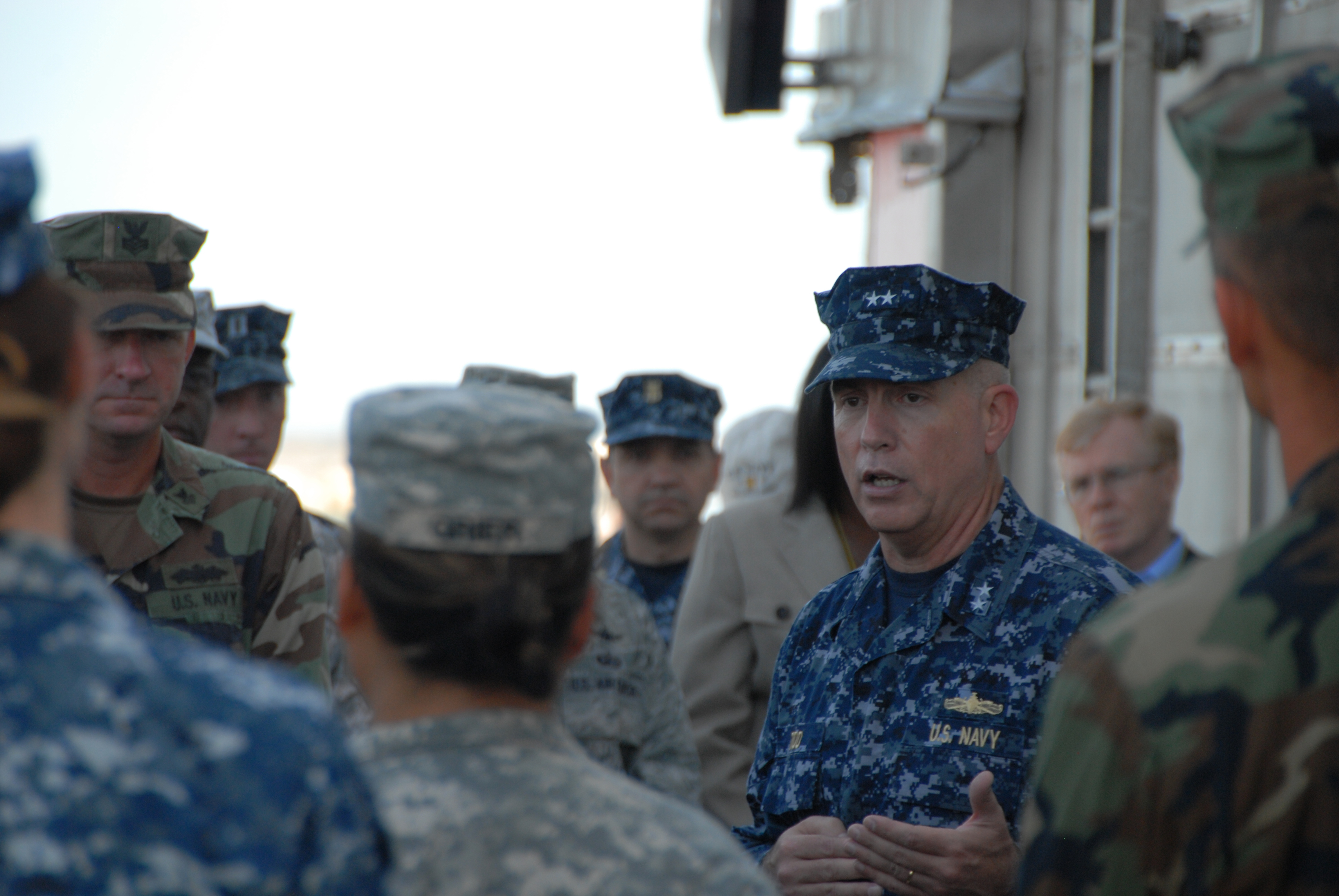 Then-Rear Adm. Kurt Tidd, commander of U.S. Naval Forces Southern Command and U.S. 4th Fleet, speaks with service members aboard High Speed Vessel (HSV 2) Swift in 2012. US Navy Photo