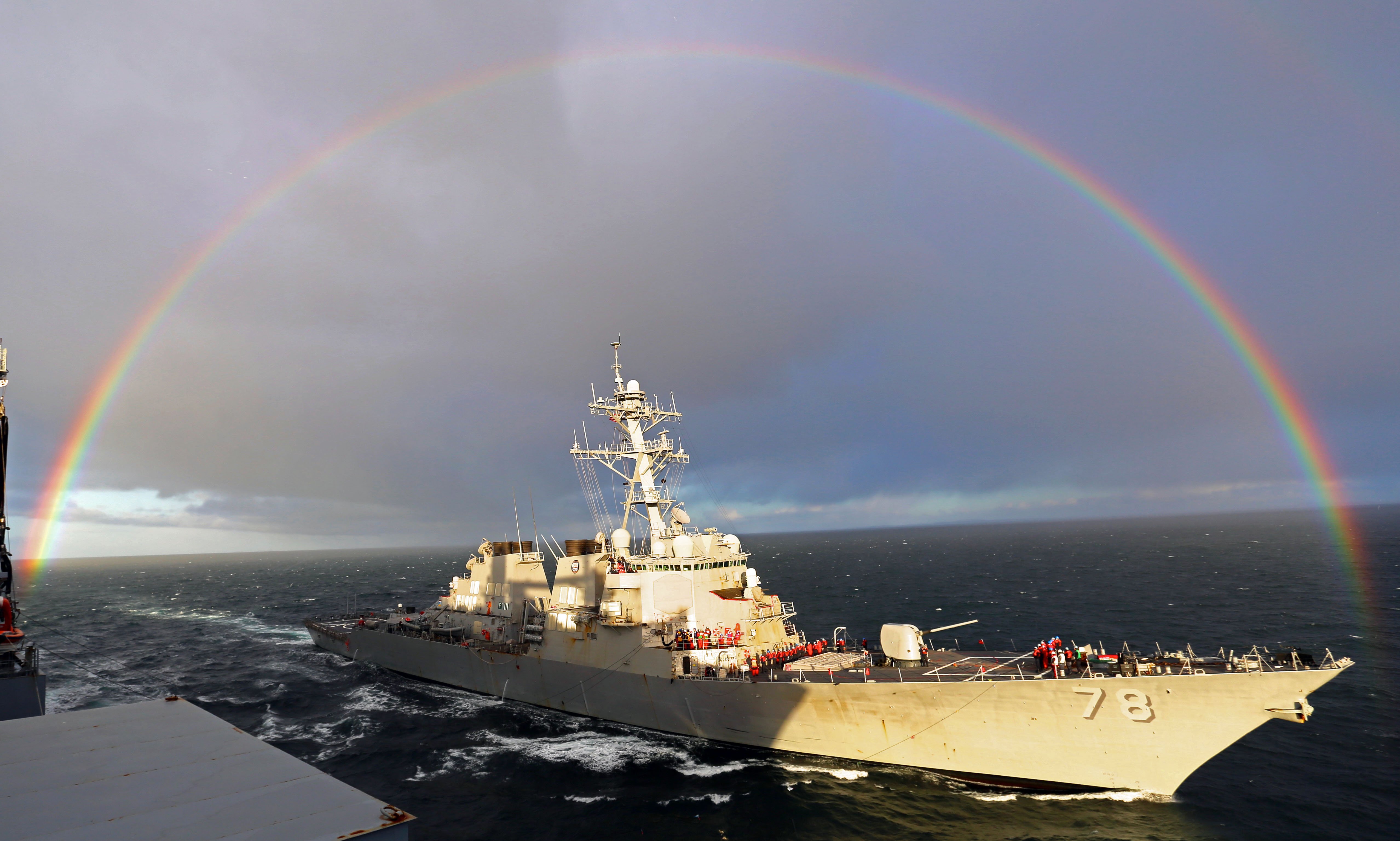 USS Porter (DDG 78) pulls alongside the Military Sealift Command dry cargo and ammunition ship USNS Medgar Evers (T-AKE 13) before a replenishment-at-sea on April 15, 2015. US Navy Photo