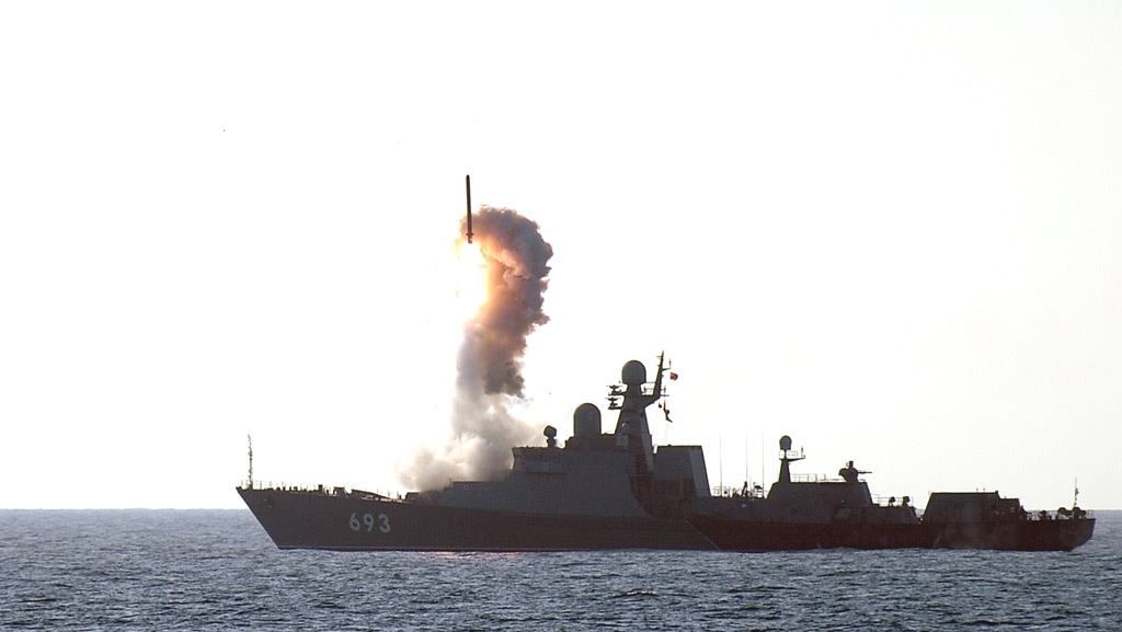 Undated photo of Russian Navy guided missile frigate Dagestan firing UKSK Shot.
