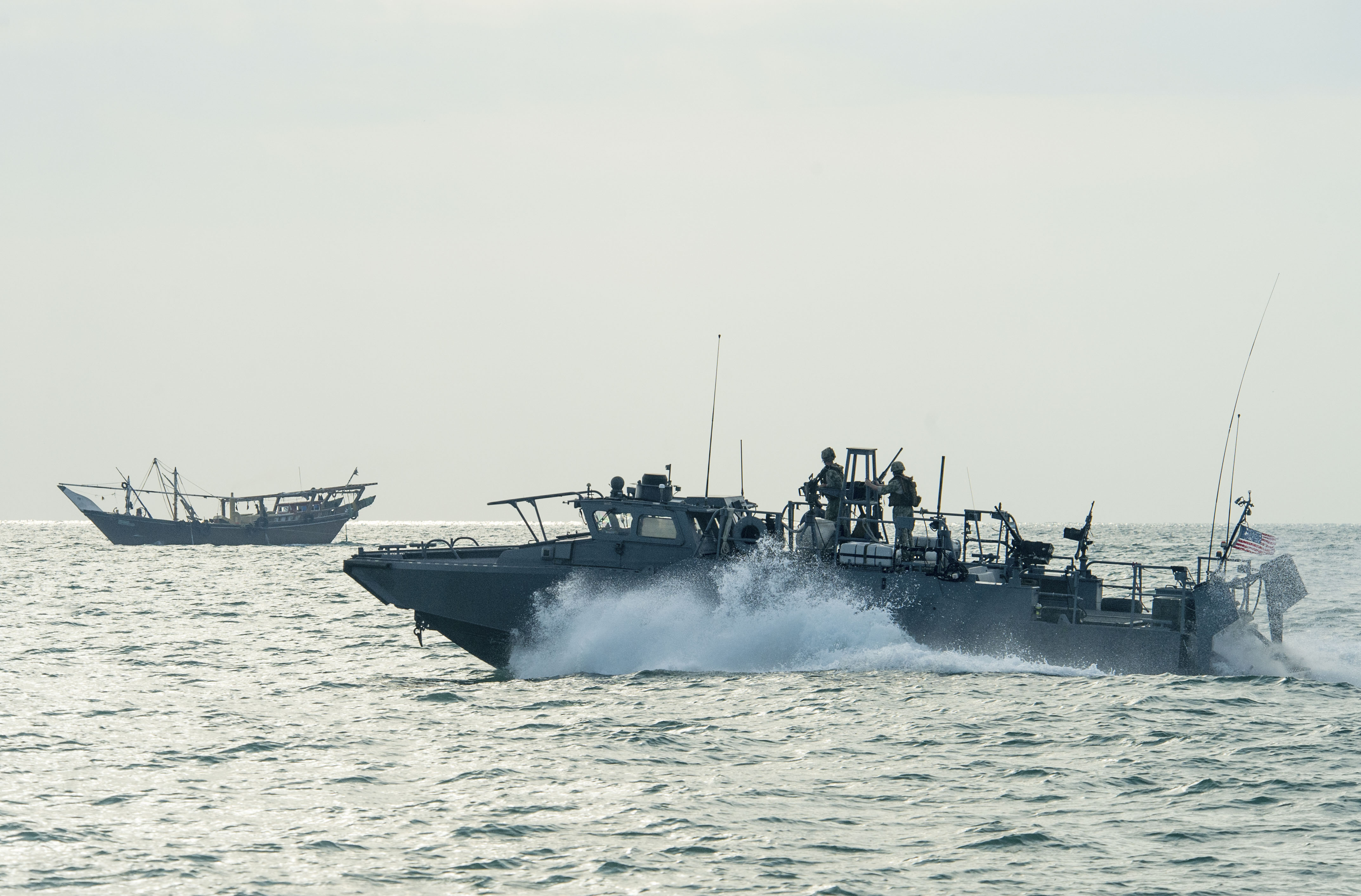 Riverine Command Boat (RCB) 805, assigned to Commander, Task Group (CTG) 56.7, transits through the Persian Gulf during patrol operations on Nov. 2, 2015. US Navy Photo