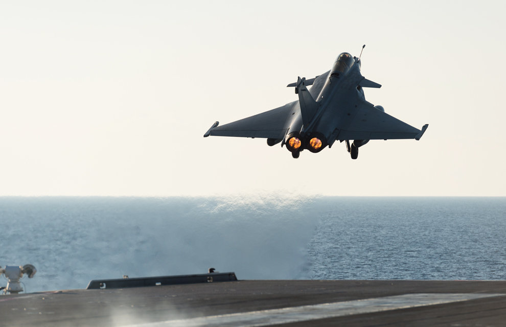 A French Dassault Rafale M launches from nuclear carrier Charles de Gaulle in the Eastern Mediterranean Sea on Nov. 23. French Ministry of Defense Photo