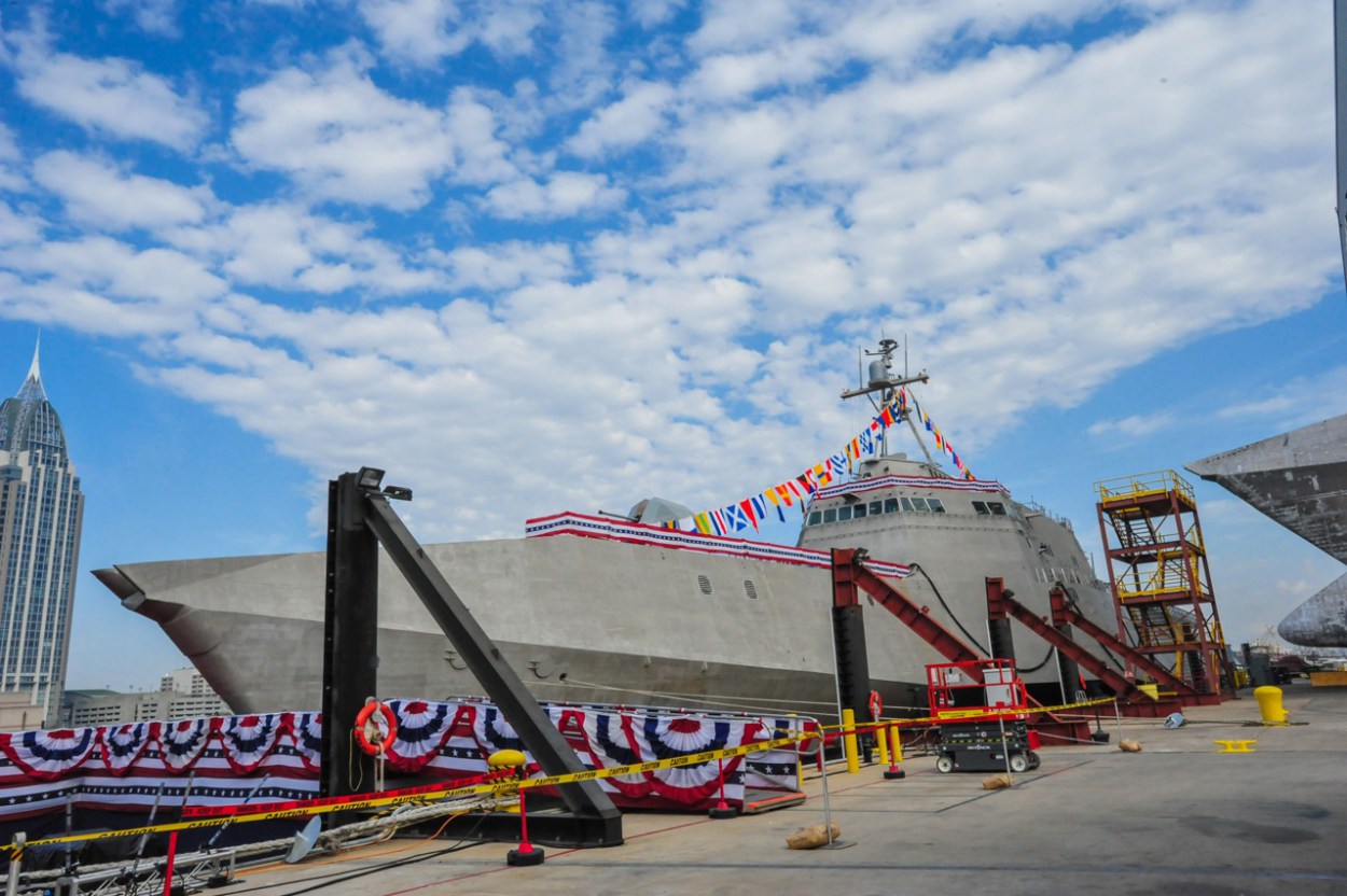 USS Jackson (LCS-6) during its christening ceremony at Austal USA shipyard in Mobile, Ala. in 2014. US Navy Photo