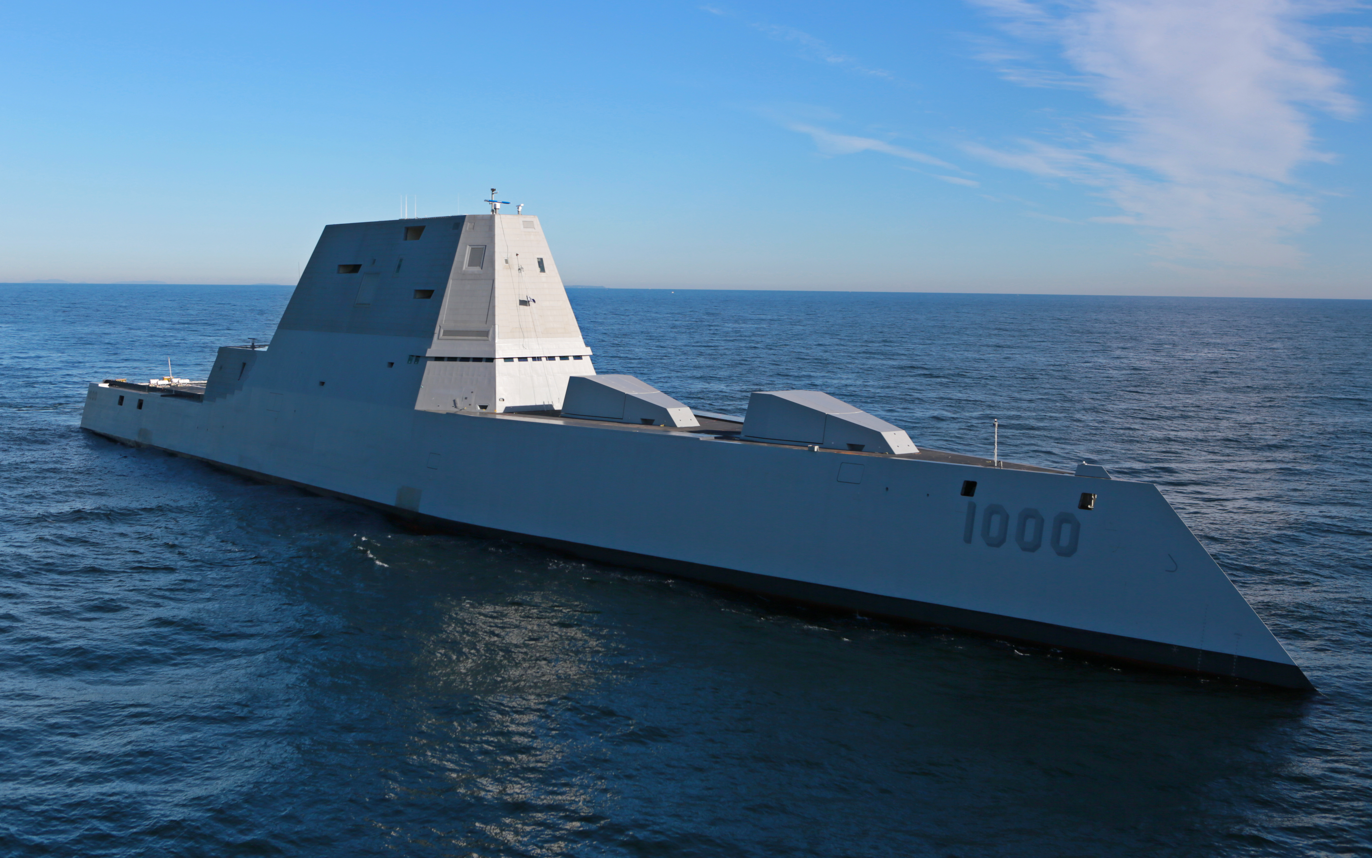 Zumwalt (DDG-1000) is underway for the first time conducting at-sea tests and trials in the Atlantic Ocean on Dec. 7, 2015. US Navy Photo