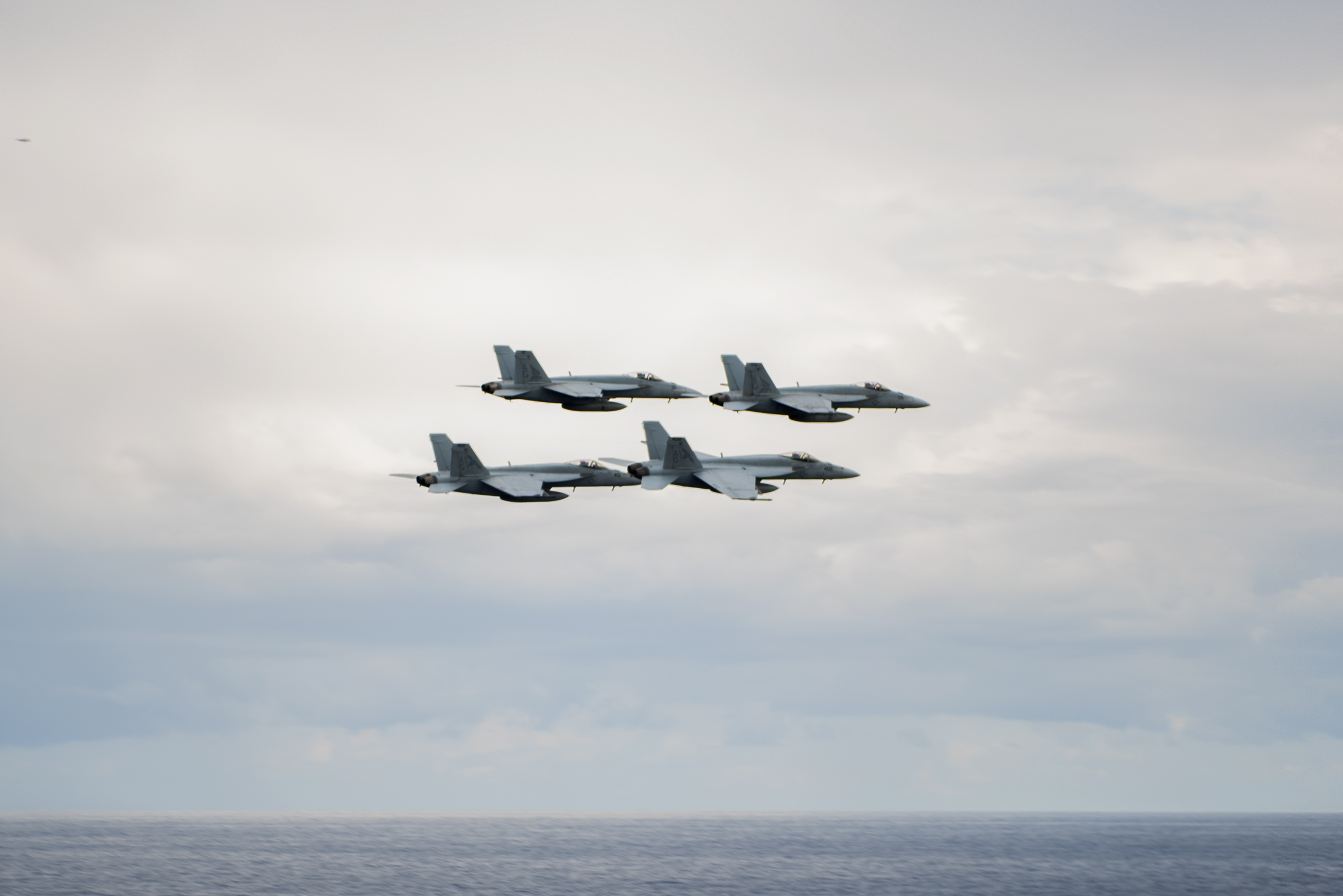 Aircraft assigned to Carrier Air Wing 7 perform a formation flyby off the port side of aircraft carrier USS Harry S. Truman (CVN 75) on Dec. 13, just prior to the ship transiting from U.S. 6th Fleet to U.S. 5th Fleet. US Navy photo.