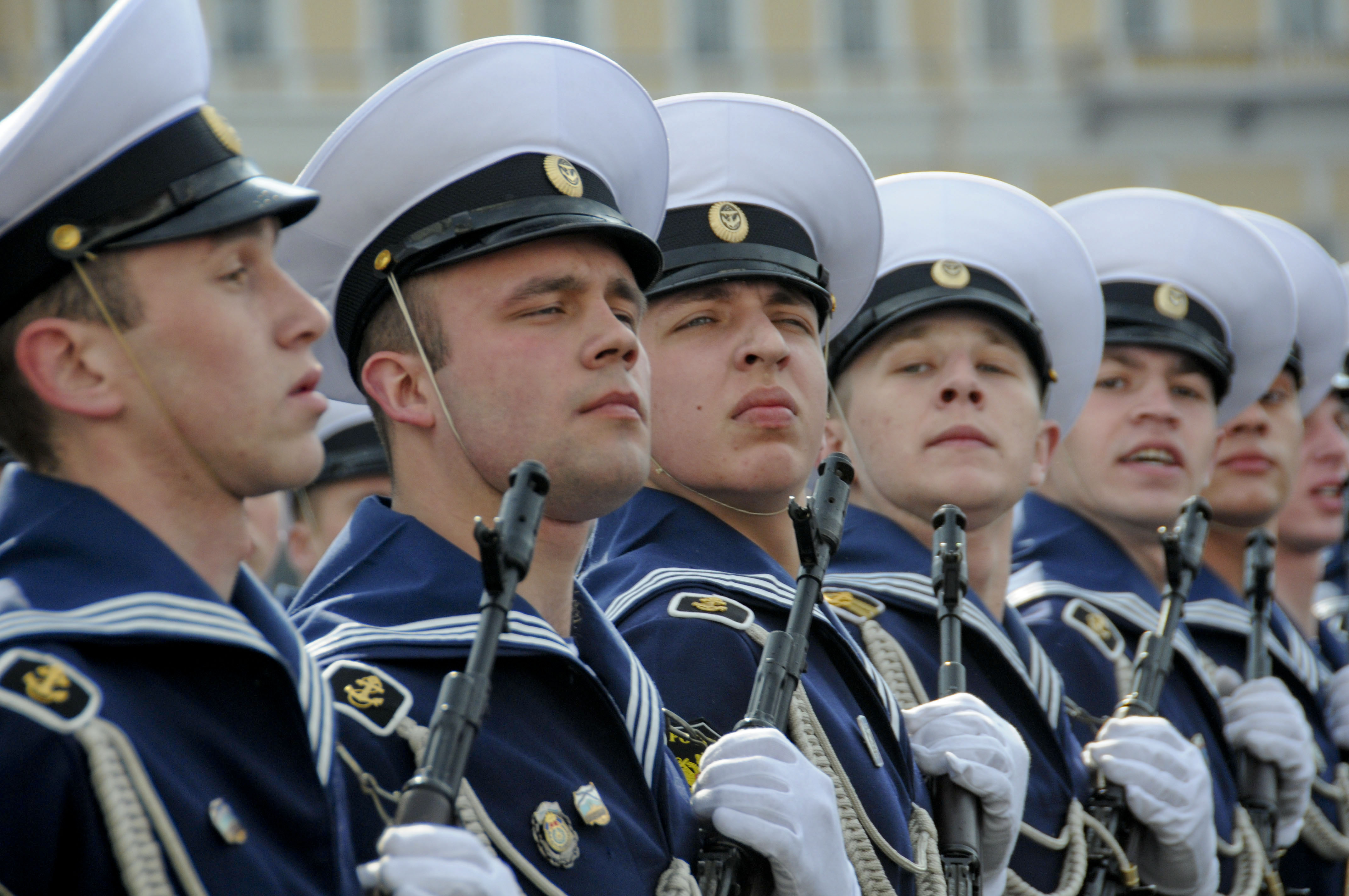 100510-N-9815L-094 ST. PETERSBURG, Russia (May 10, 2010) Russian sailors march in formation during the opening ceremony of the 65th anniversary of the Victory in Europe Day parade. The Russian minister of defense invited Vice Adm. Harry B. Harris Jr., commander of the U.S. 6th Fleet, and the crew of the guided-missile frigate USS Kauffman (FFG 59) to participate in the celebration. (U.S. Navy photo by Chief Mass Communication Specialist Michael Lewis/Released)