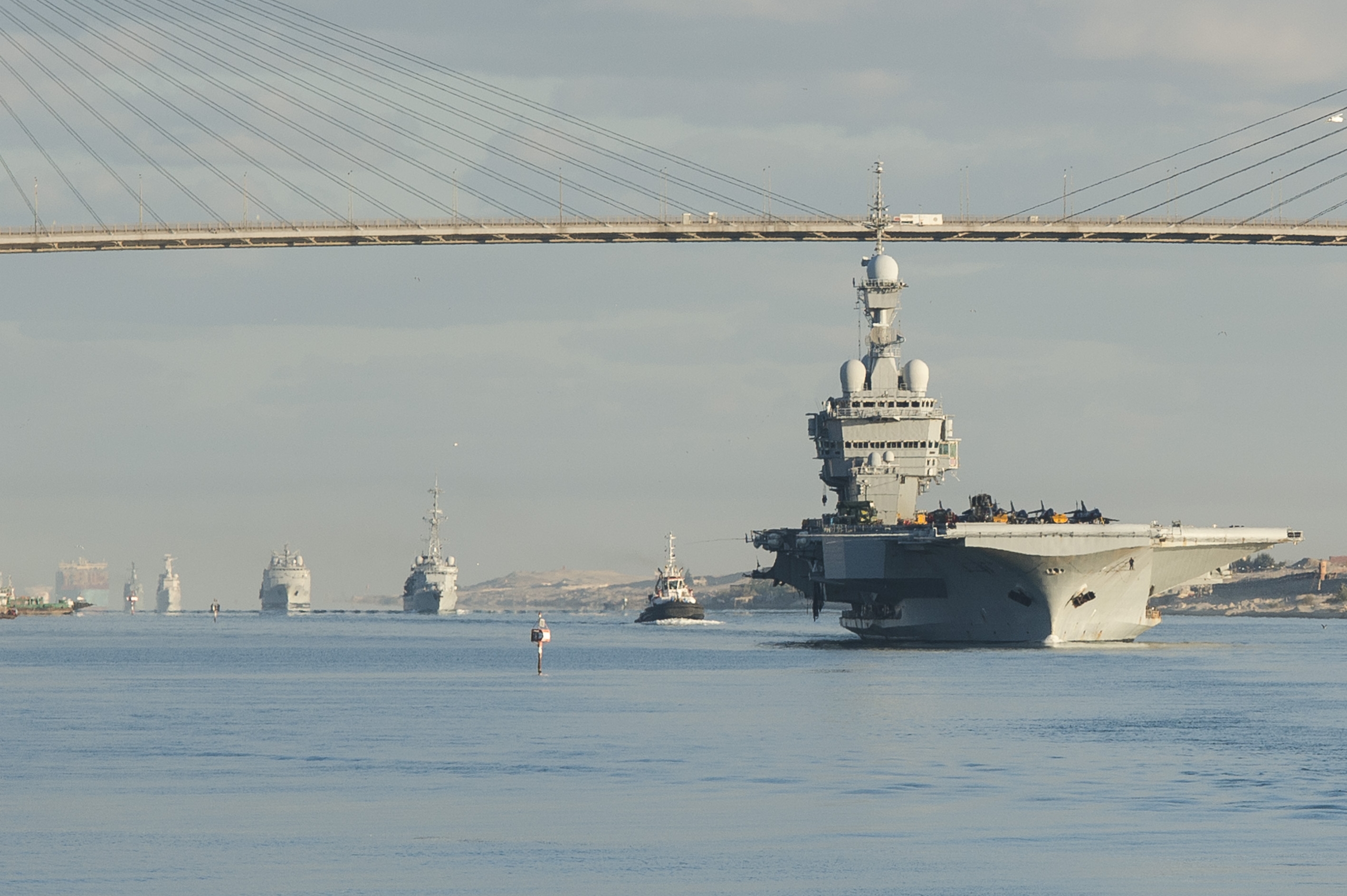 The French navy nuclear aircraft carrier Charles de Gaulle (R91) transits the Suez Canal on Dec. 7, 2015, as it enters the U.S. 5th Fleet area of operations. French Navy photo.