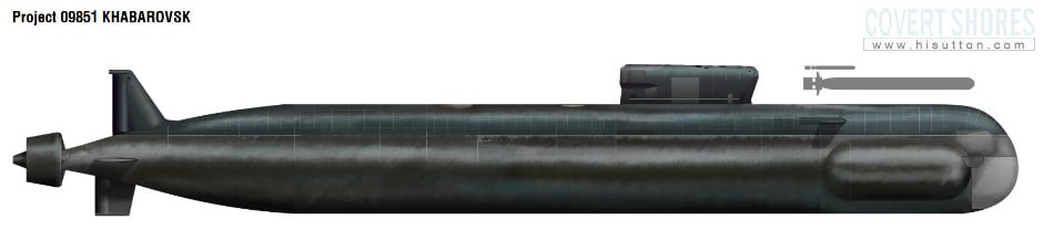 A rendering of the Project 09851 nuclear submarine Khabarovsk used with permission. H I Sutton Image
