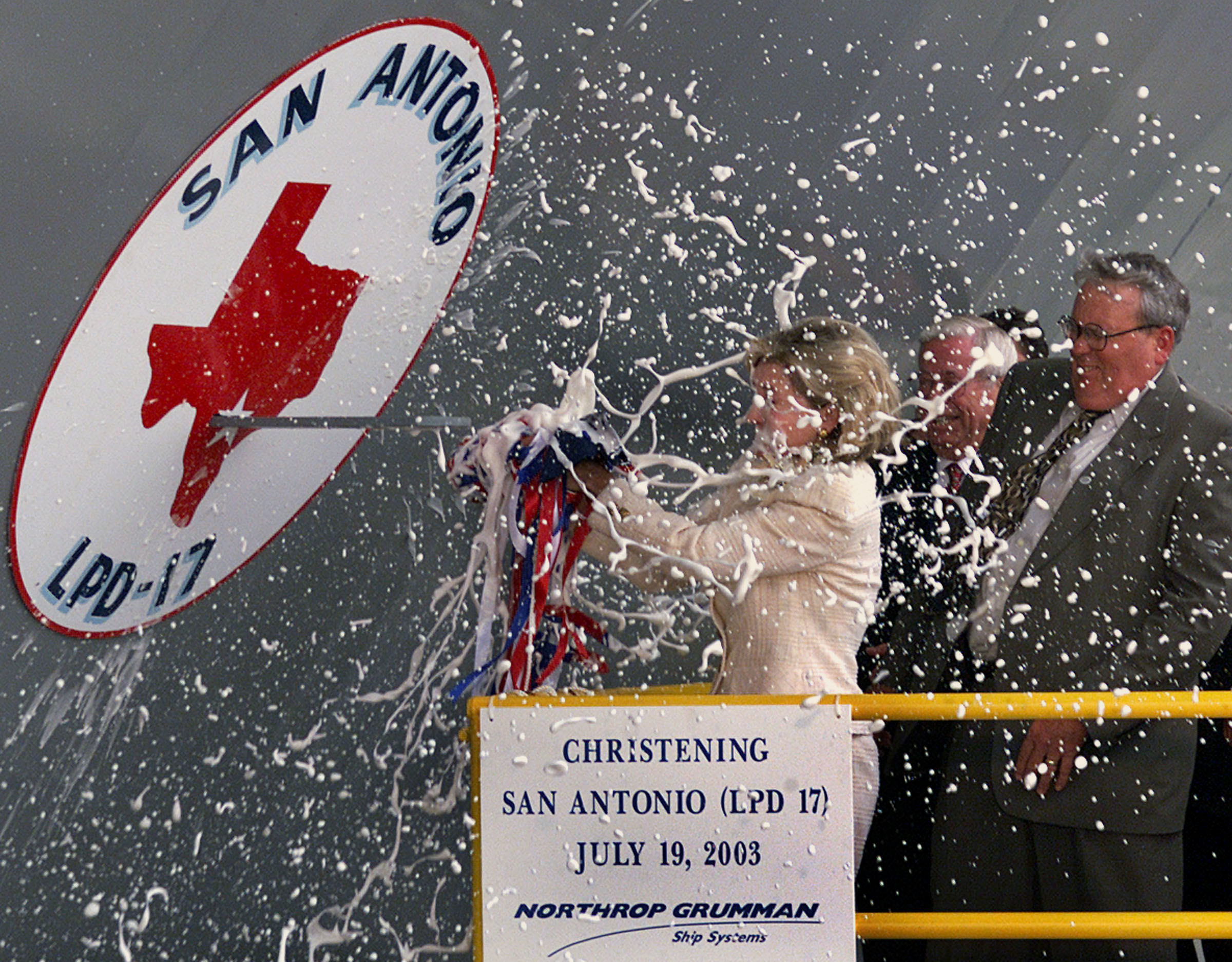 Texas Senator Kay Bailey Hutchison, sponsor of LPD-17 the San Antonio, christens the Navy's the in New Orleans in 2003. US Navy Photo