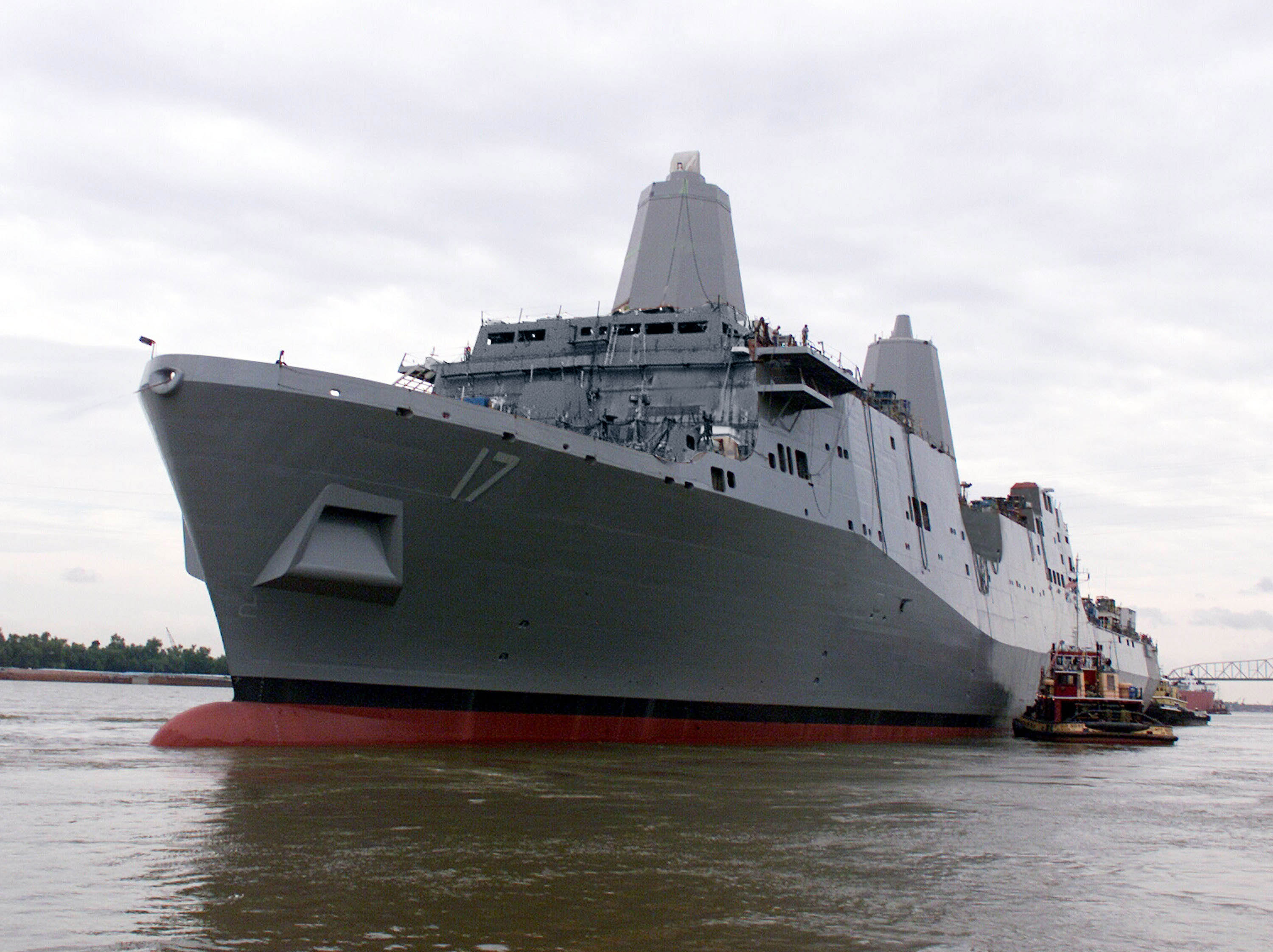 San Antonio (LPD-17) floats along the Mississippi River at the then Northrop Grumman Ship Systems Avondale Operations in New Orleans in 2003. Northrop Grumman Photo 