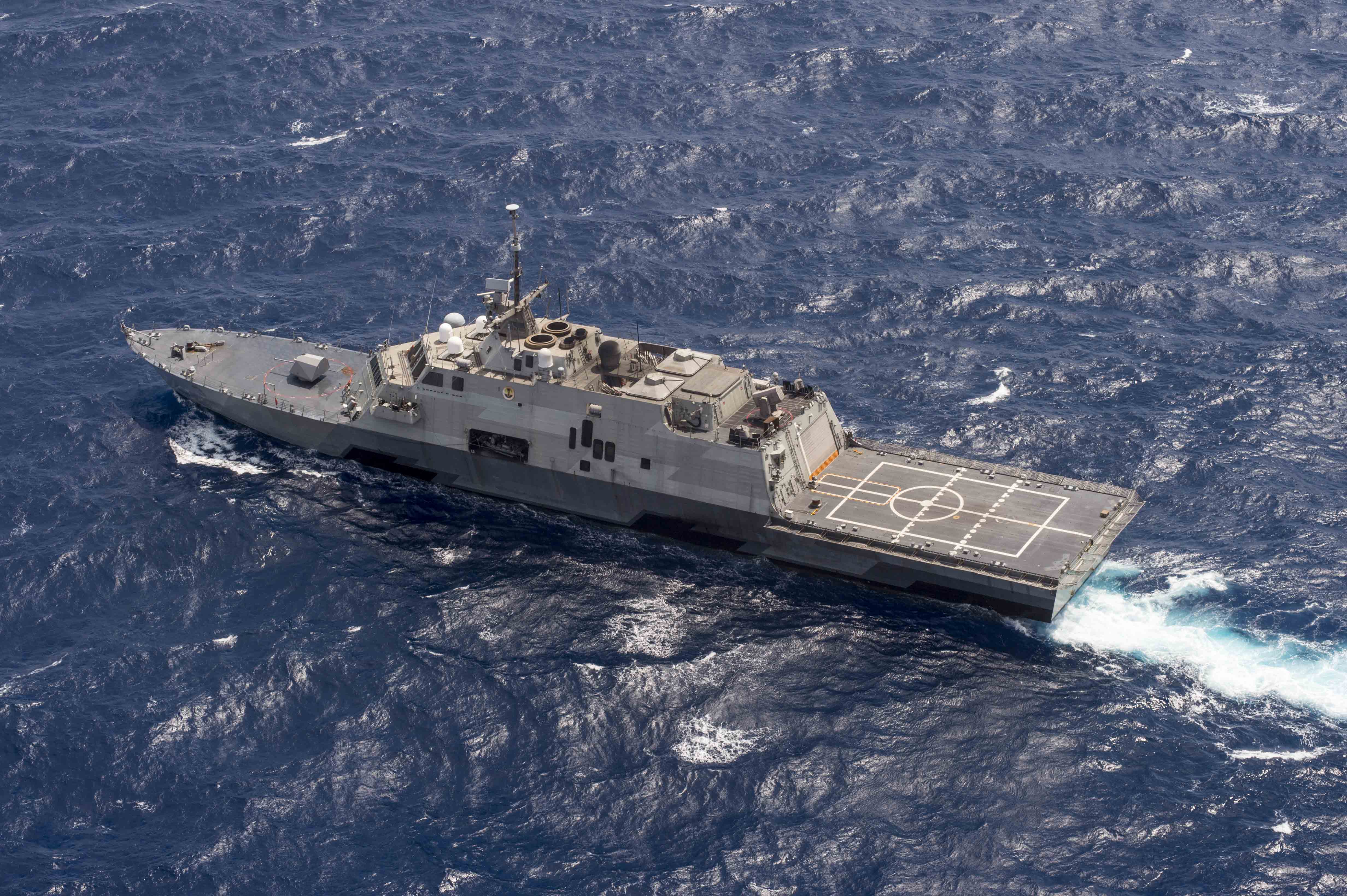 The littoral combat ship USS Fort Worth (LCS 3) transits the South China Sea in July 2015 during a 16-month rotational deployment in support of the Indo-Asia-Pacific rebalance. US Navy photo.