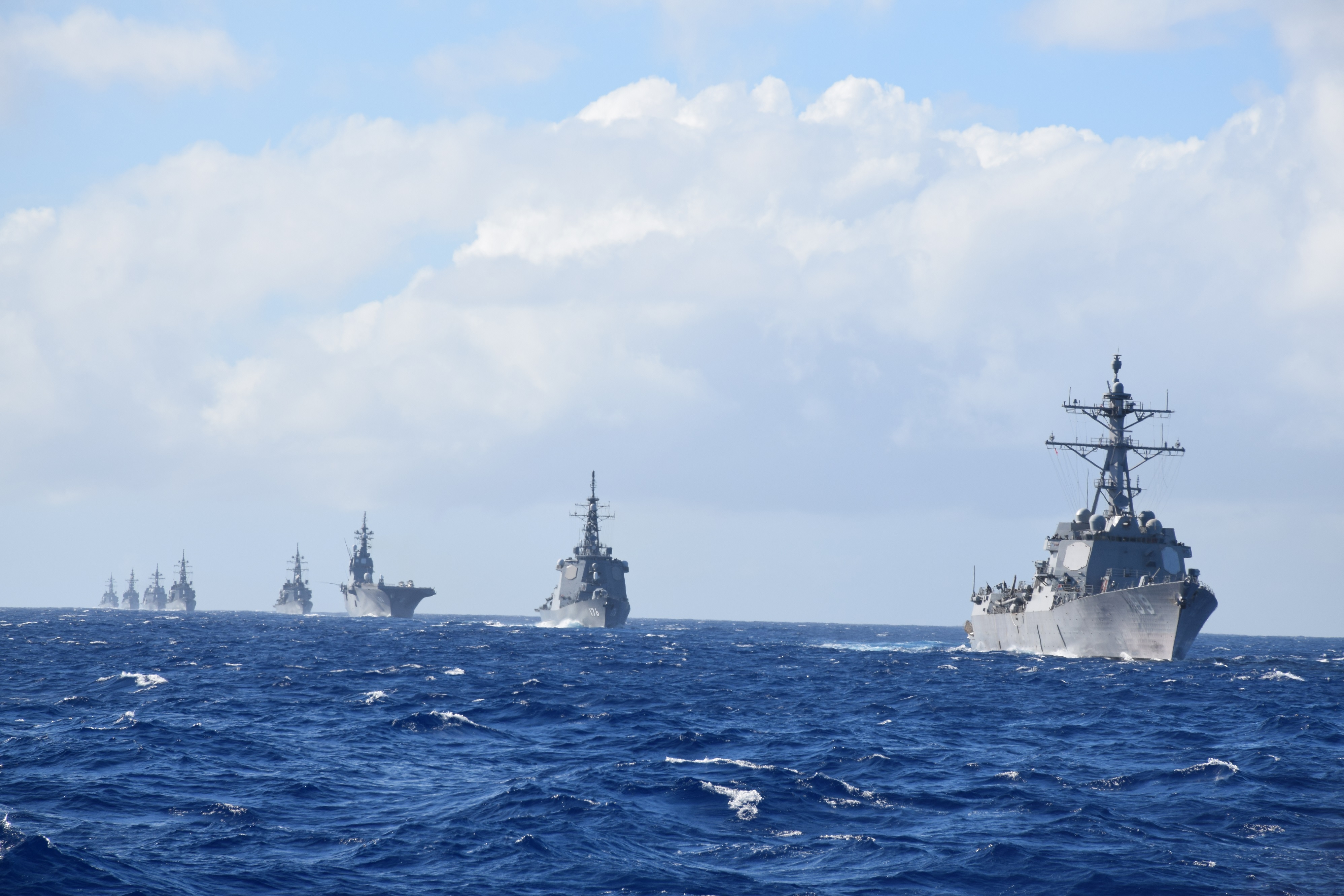 The Arleigh Burke-class guided missile destroyer USS McCampbell (DDG 85), not pictured, takes lead in a formation of ships from the U.S. Navy and Japan Maritime Self-Defense Force (JMSDF) as part of the annual bilateral Guam Exercise (GUAMEX) on Jan. 21, 2016. US Navy photo.