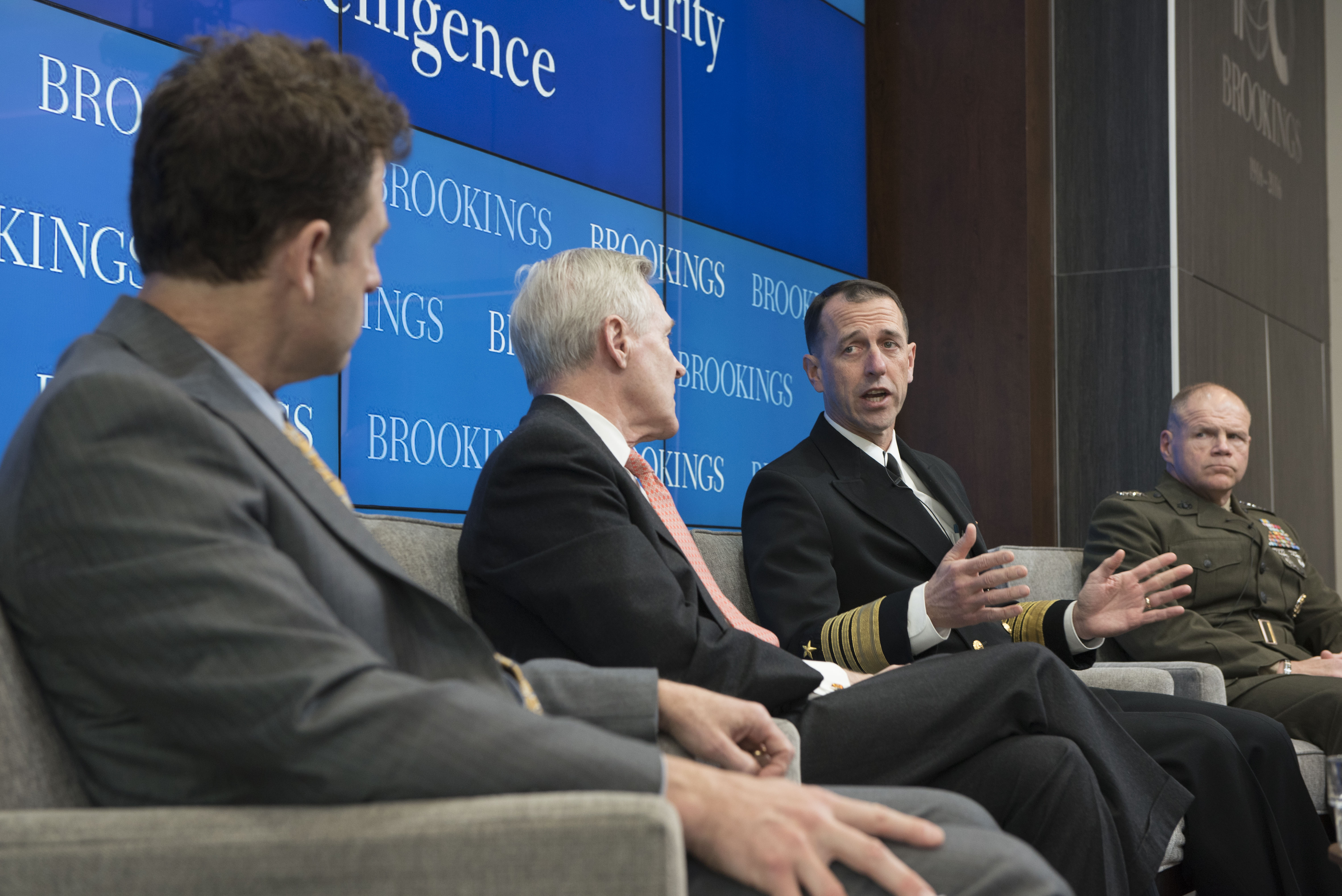 Chief of Naval Operations Adm. John Richardson speaks on maritime military strategy at the Brookings Institute in Washington D.C. with Secretary of the Navy Ray Mabus and Commandant of the Marine Corps Gen. Robert Neller. US Navy photo.