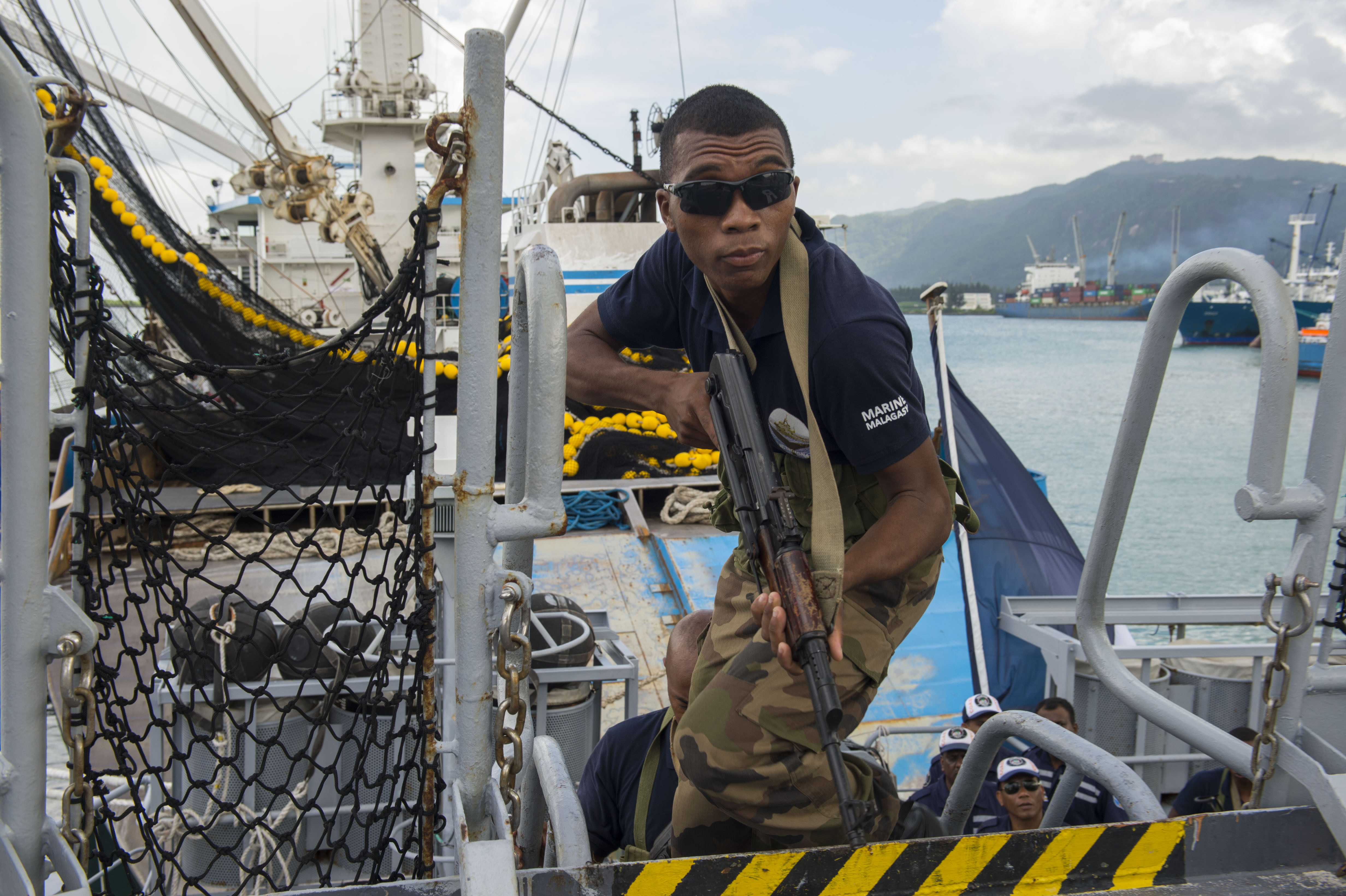 Maritime forces from Madagascar conduct a visit, board, search, and seizure exercise onboard the French frigate Le Floreal (F-730) during exercise Cutlass Express 2016 on Feb. 1. US Navy photo.