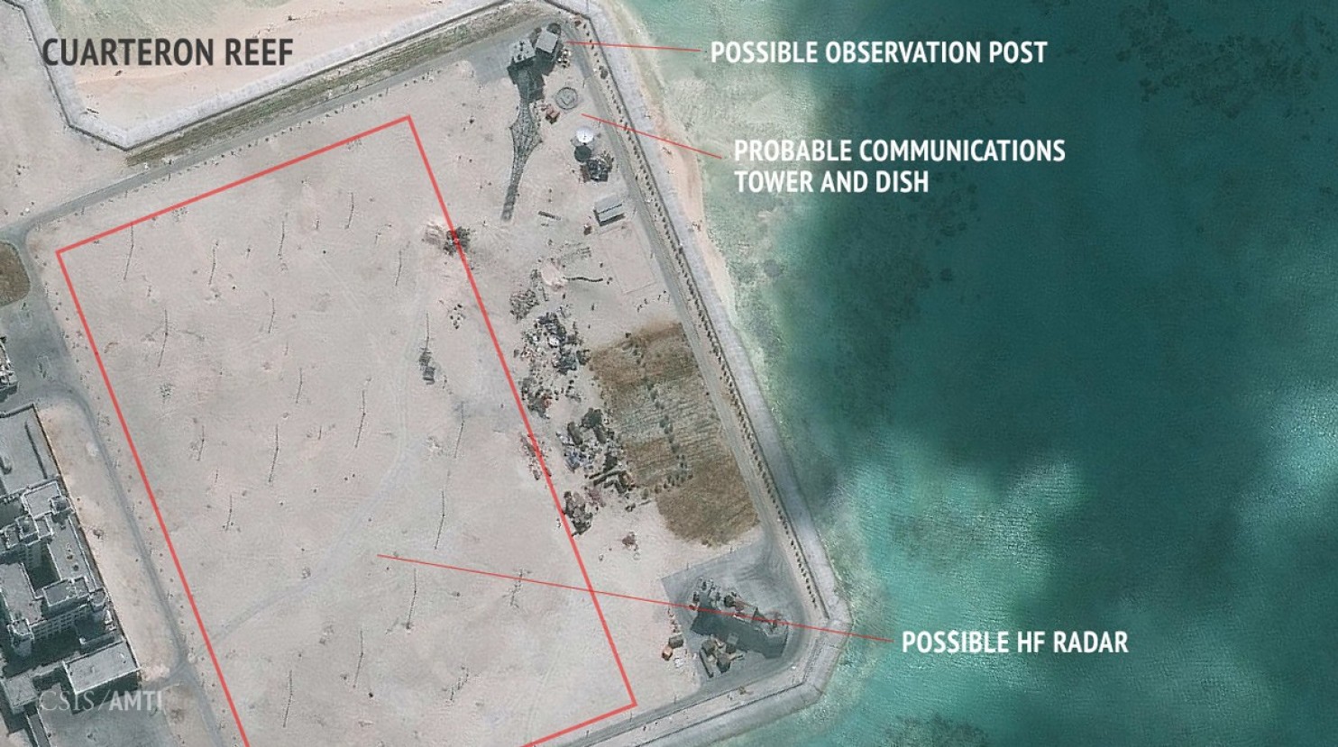 A Jan. 24, 2016 image of Cuarteron Reef in the South China Sea with what is likely a high frequency radar array. CSIS, DigitalGlobe Image used with permission. 