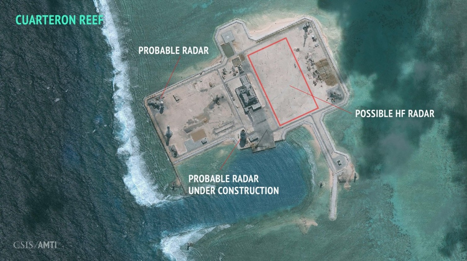 A Jan. 24, 2016 image of Cuarteron Reef in the South China Sea with what is likely a high frequency radar array. CSIS Asian Maritime Transparency Initiative, DigitalGlobe Image used with permission.