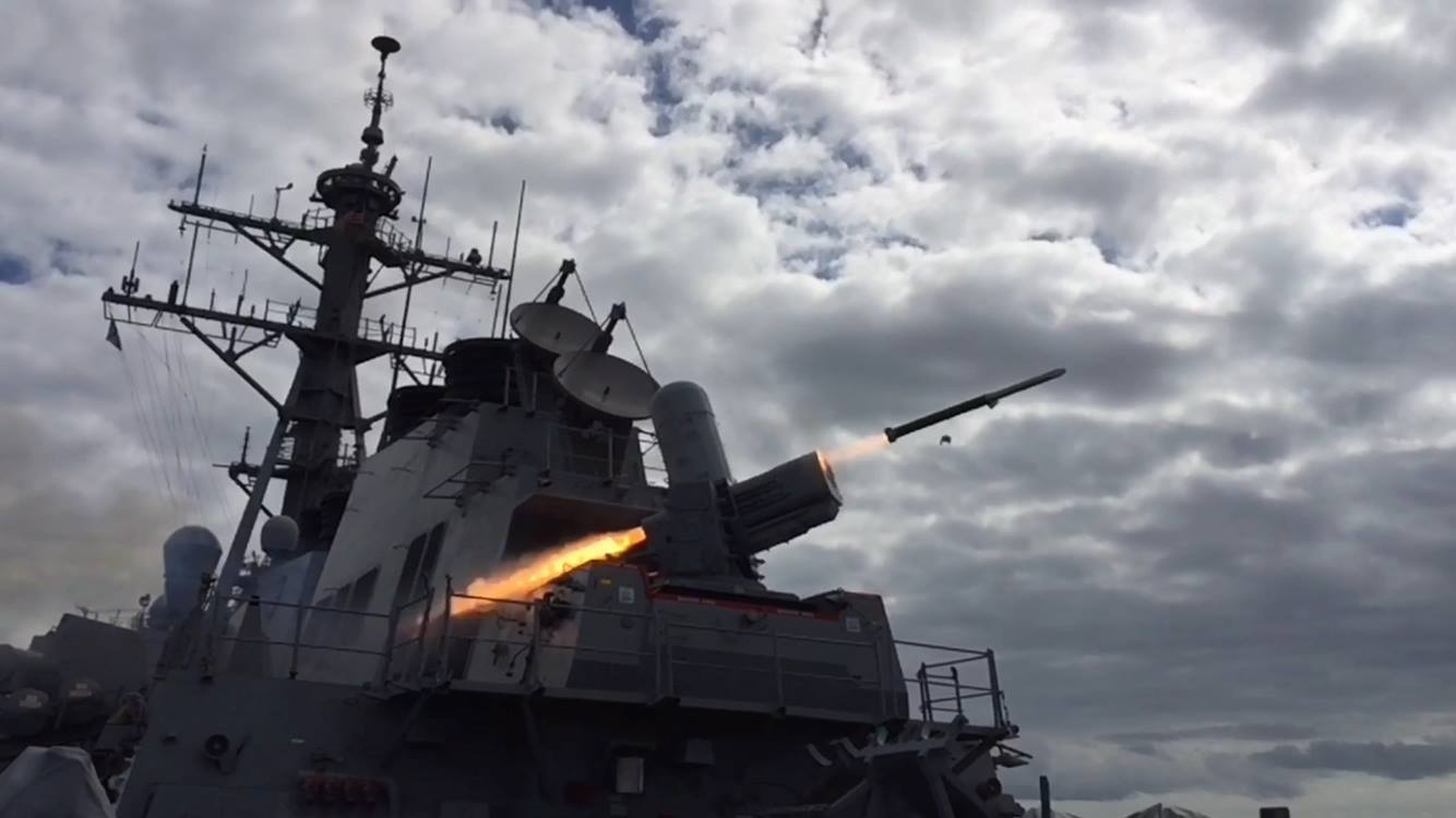 USS Porter (DDG 78) conducts a structural test firing of SeaRAM in Spain on Feb. 28, 2016, as the first Arleigh Burke-class guided-missile destroyer with a SeaRAM installation. US Navy photo.