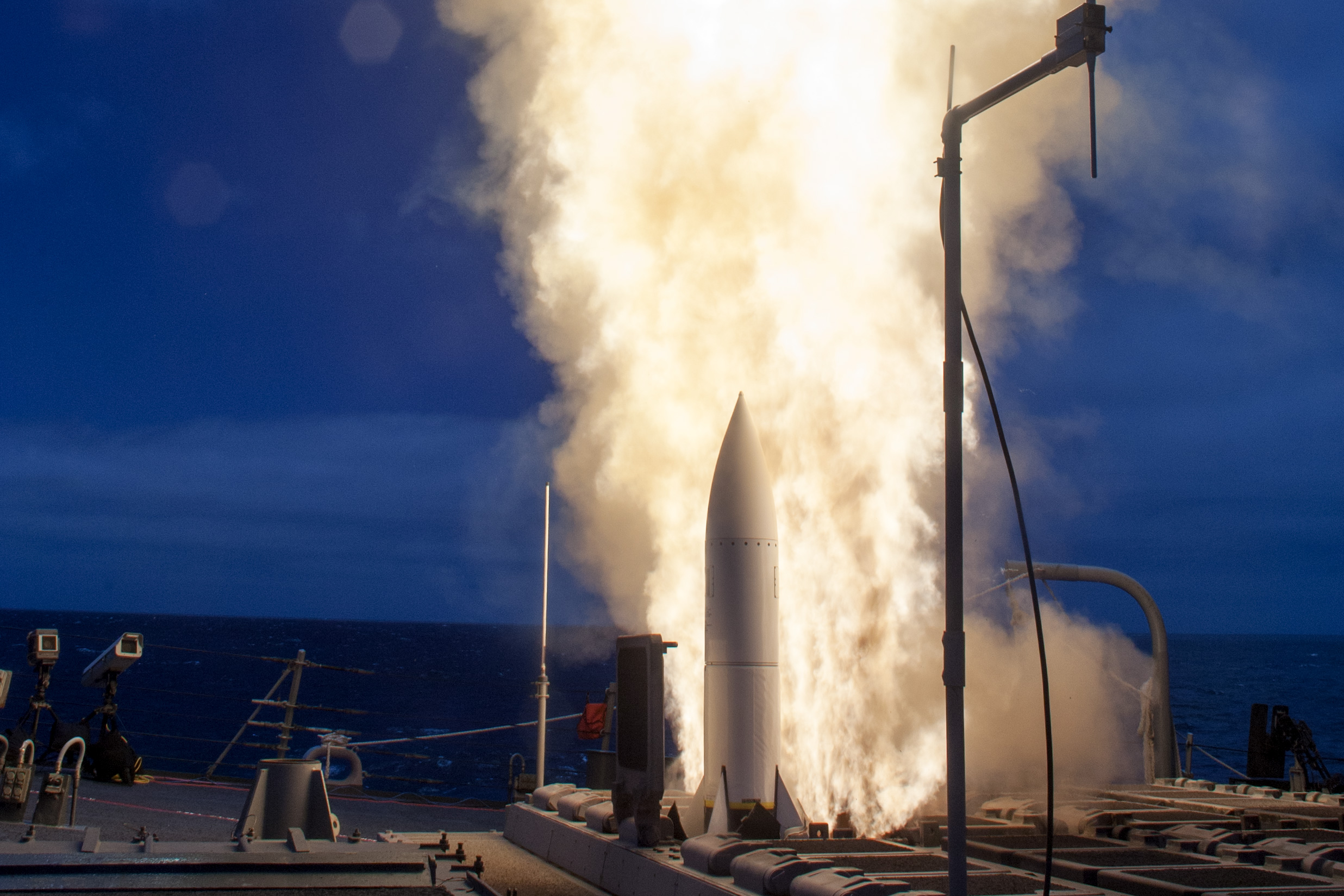 USS John Paul Jones (DDG 53) launches a Standard Missile 6 (SM-6) during a live-fire test of the ship's aegis weapons system on June 19, 2016. US Navy Photo
