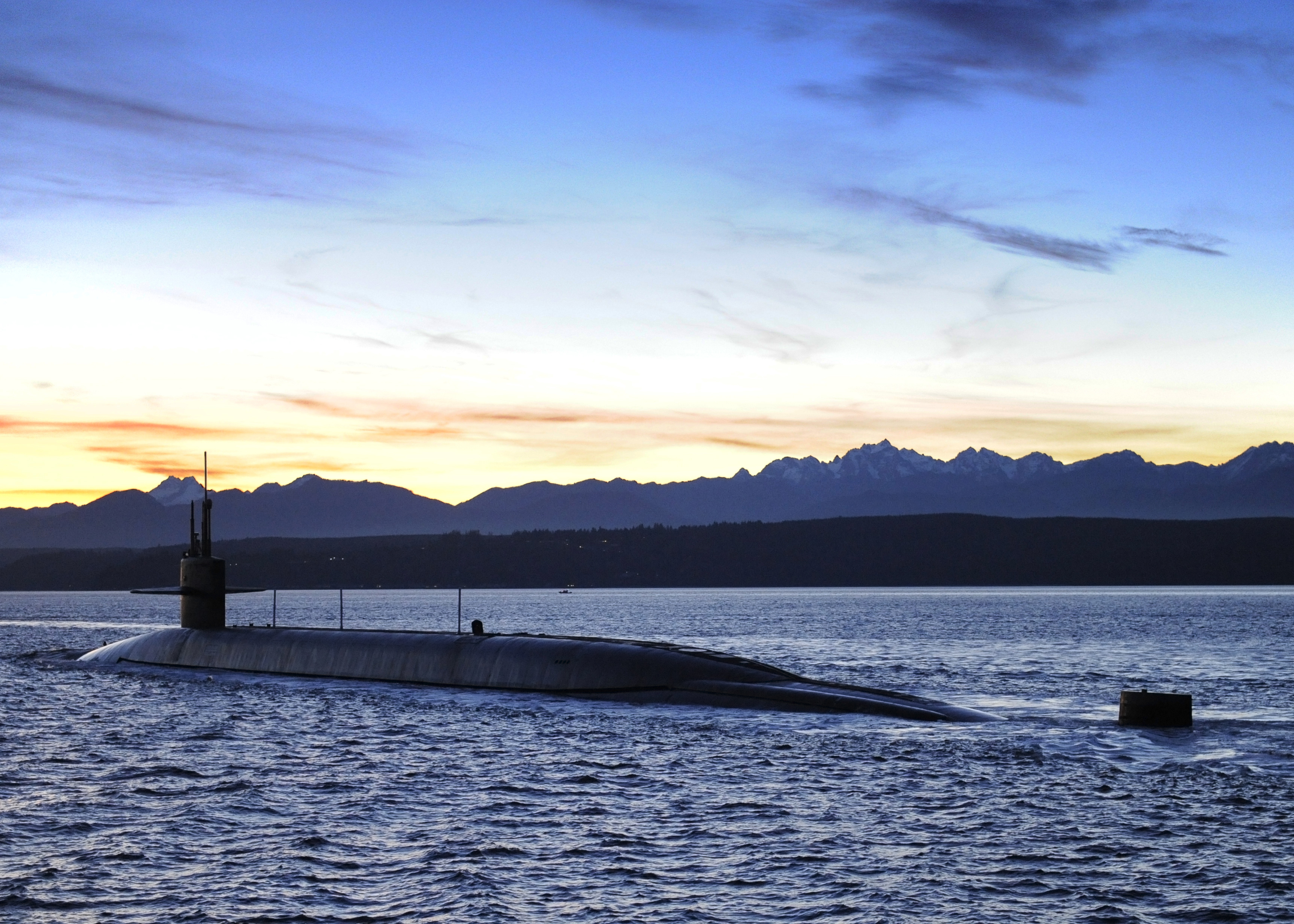 USS Nevada (SSBN-733) transits the Washington state Puget Sound on its way to Naval Base Kitsap-Bangor on Jan. 14, 2016. US Navy Photo