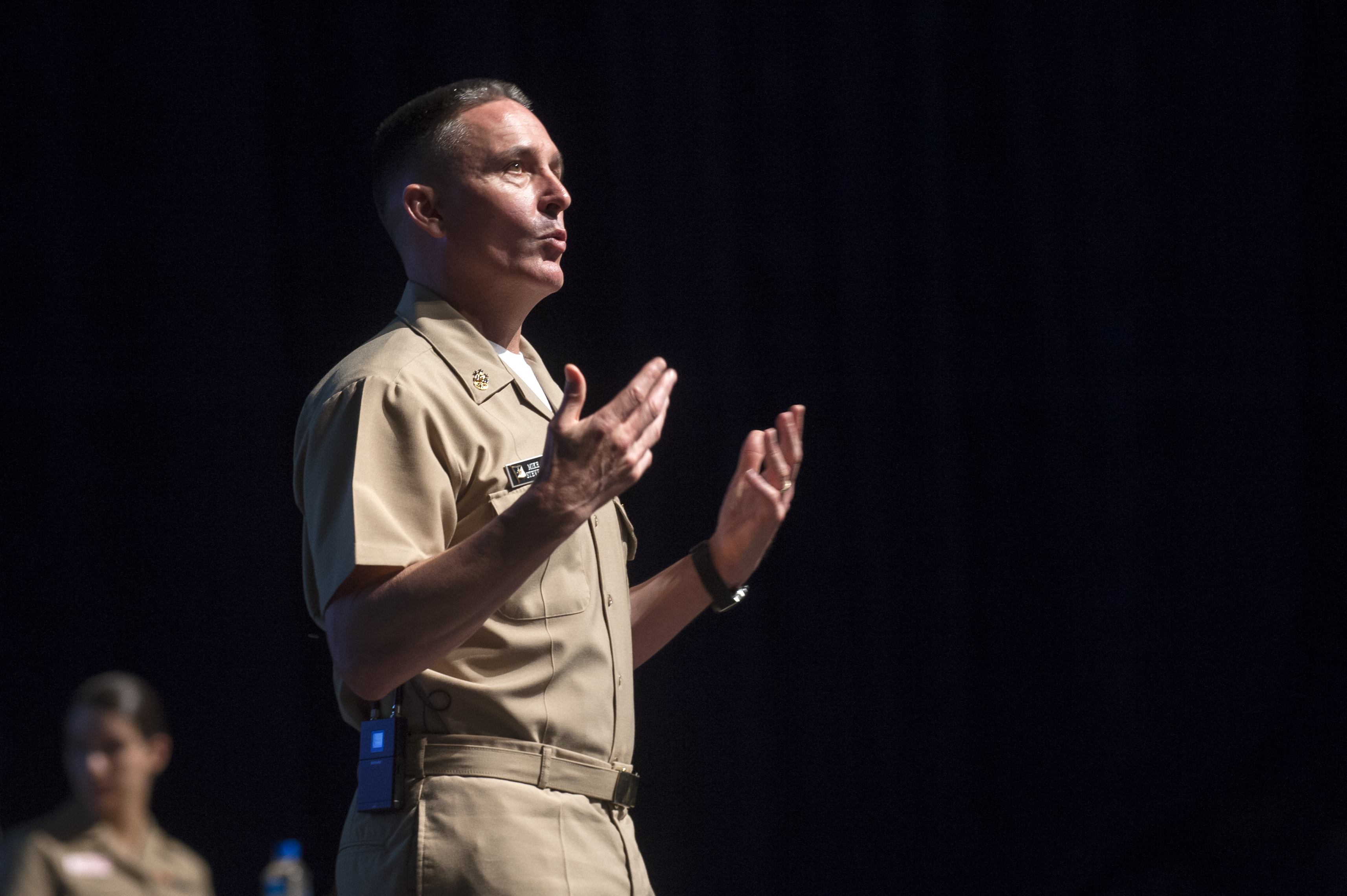 Master Chief Petty Officer of the Navy (MCPON) Mike Stevens address midshipmen from the class of 2019 in Alumni Hall the U.S. Naval Academy on Aug. 11, 2015. US Navy