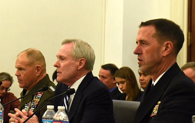 Secretary of the Navy (SECNAV) Ray Mabus, Chief of Naval Operations (CNO) Adm. John Richardson and Commandant of the Marine Corps (CMC) Gen. Robert Neller testify on March 1, 2016. US Navy Photo