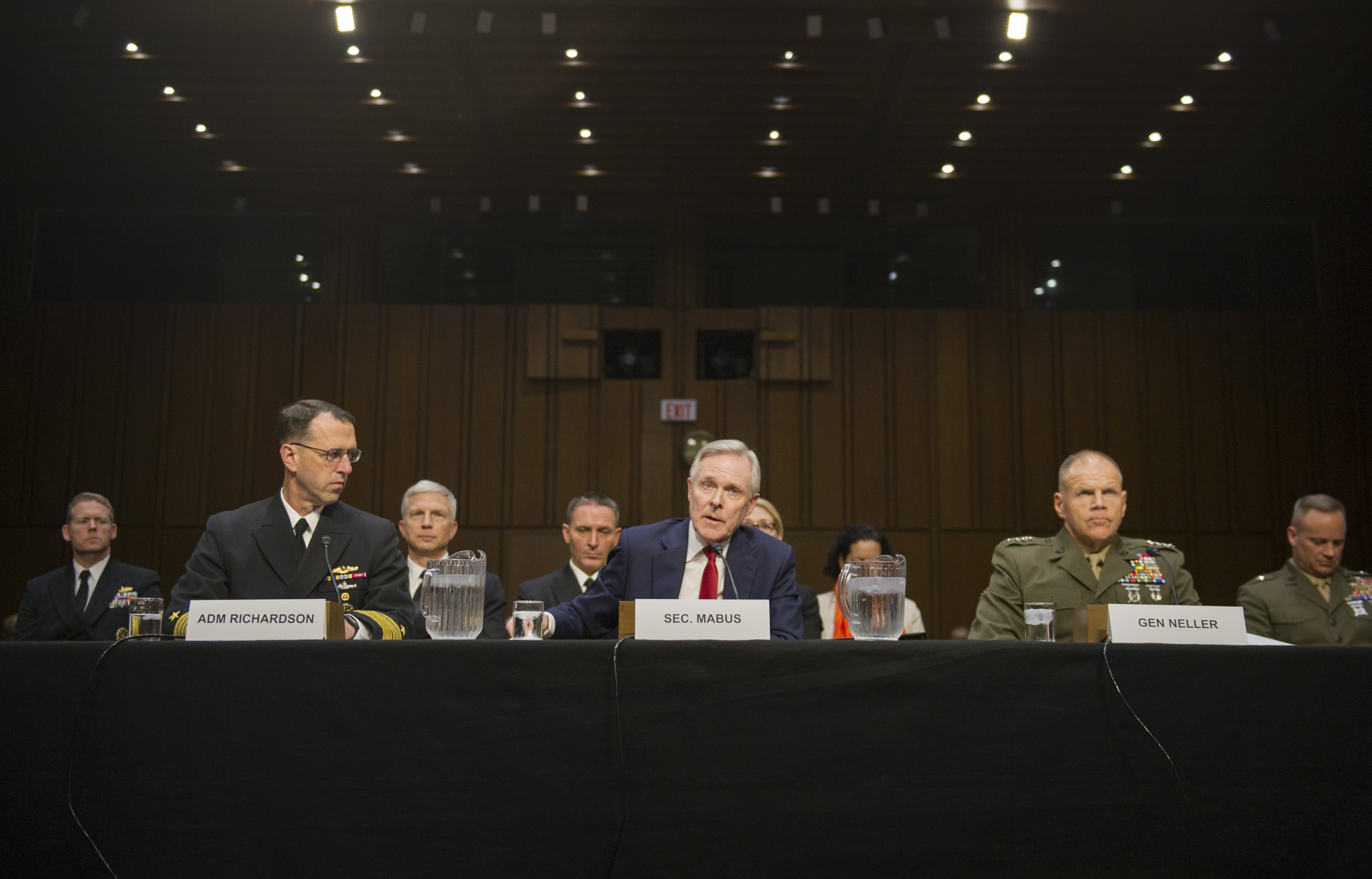 Secretary of the Navy Ray Mabus testifies before the Senate Armed Services Committee with CNO Adm. John Richardson and CMC Gen. Robert Neller. US Navy Photo