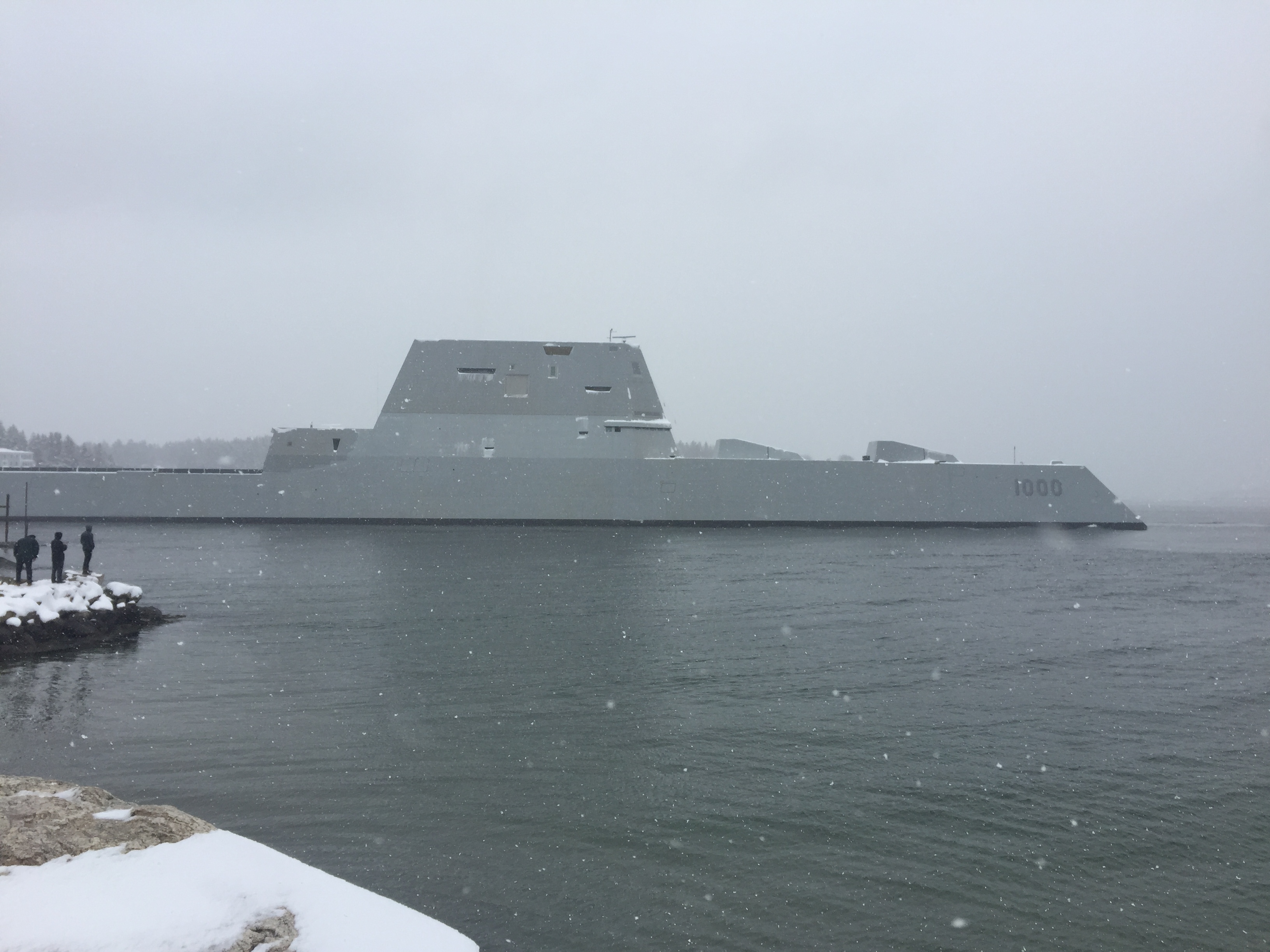 Zumwalt (DDG 1000) departs the Bath Iron Works shipyard for its second at-sea period to conduct builder's trials on March 21, 2016. US Navy Photo