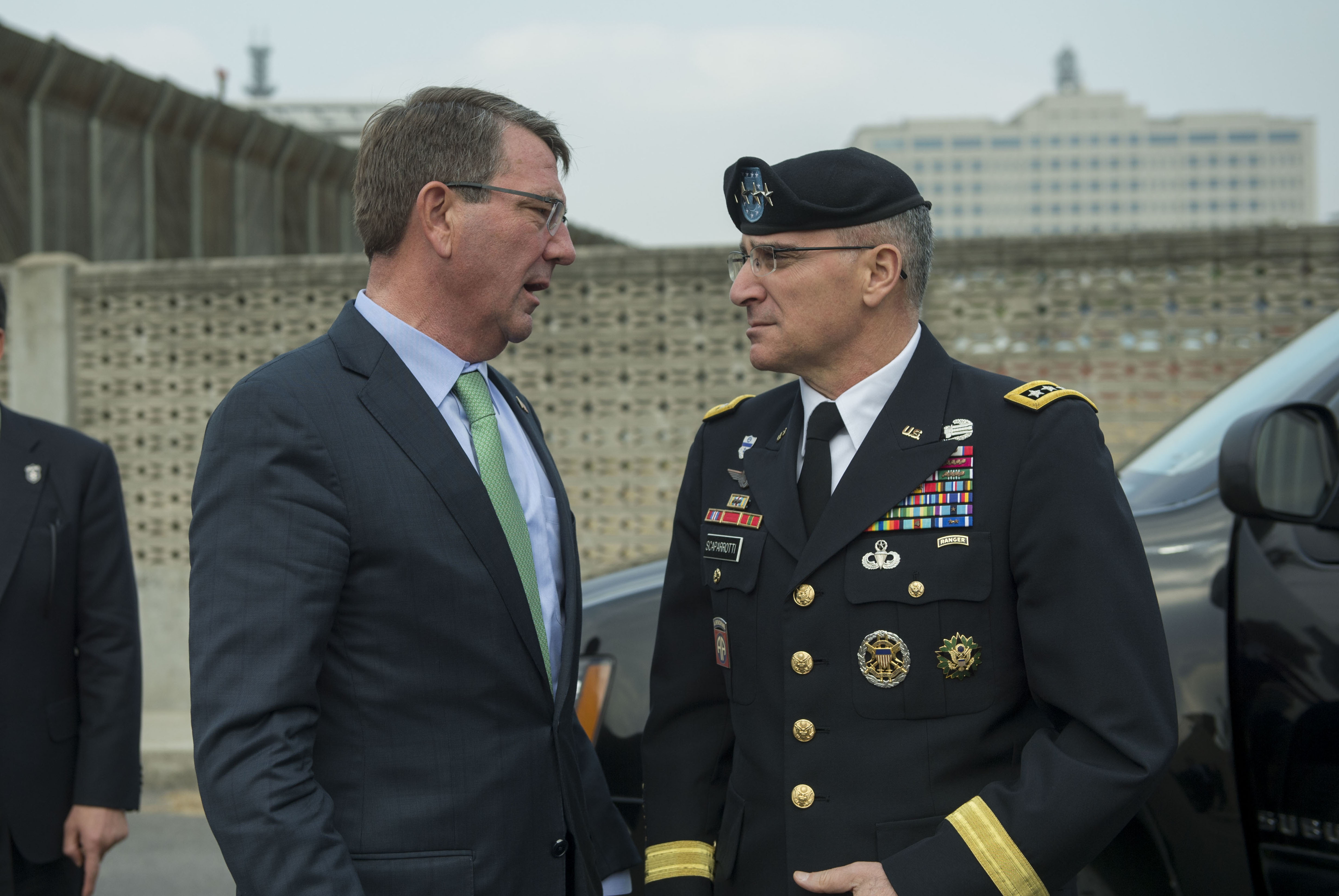 Secretary of Defense Ash Carter says goodbye to Army Gen. Curtis Scaparrotti, commander, U.S. Forces Korea, after attending the Security Consultative Meeting Nov. 2, 2015 in Seoul, Republic of Korea. U.S. Army photo.