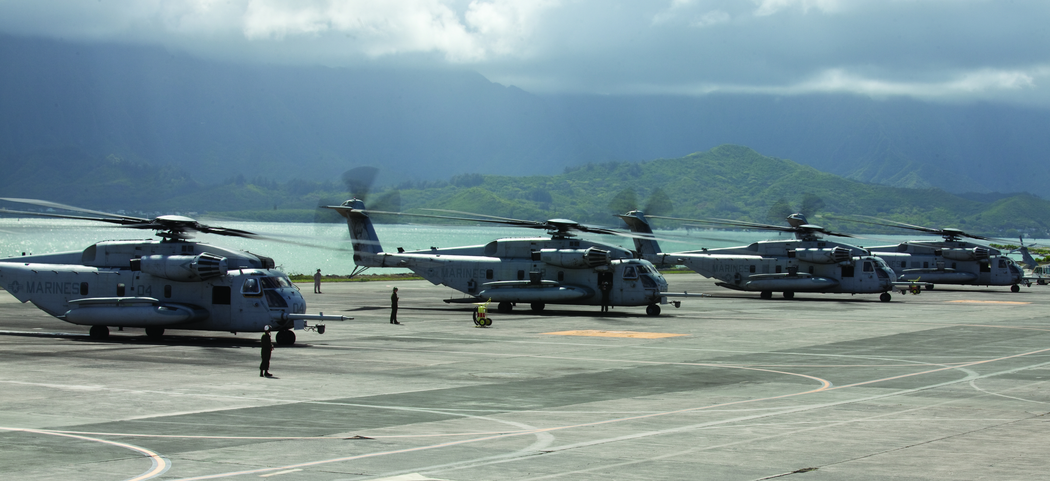 Marines and sailors with Marine Heavy Helicopter Squadron 463 and Marine Light Attack Helicopter Squadron 367 challenged each other to a competition when they launched seven CH-53E Super Stallions, five AH1 Cobras and one UH1 Huey helicopters. US Marine Corps 