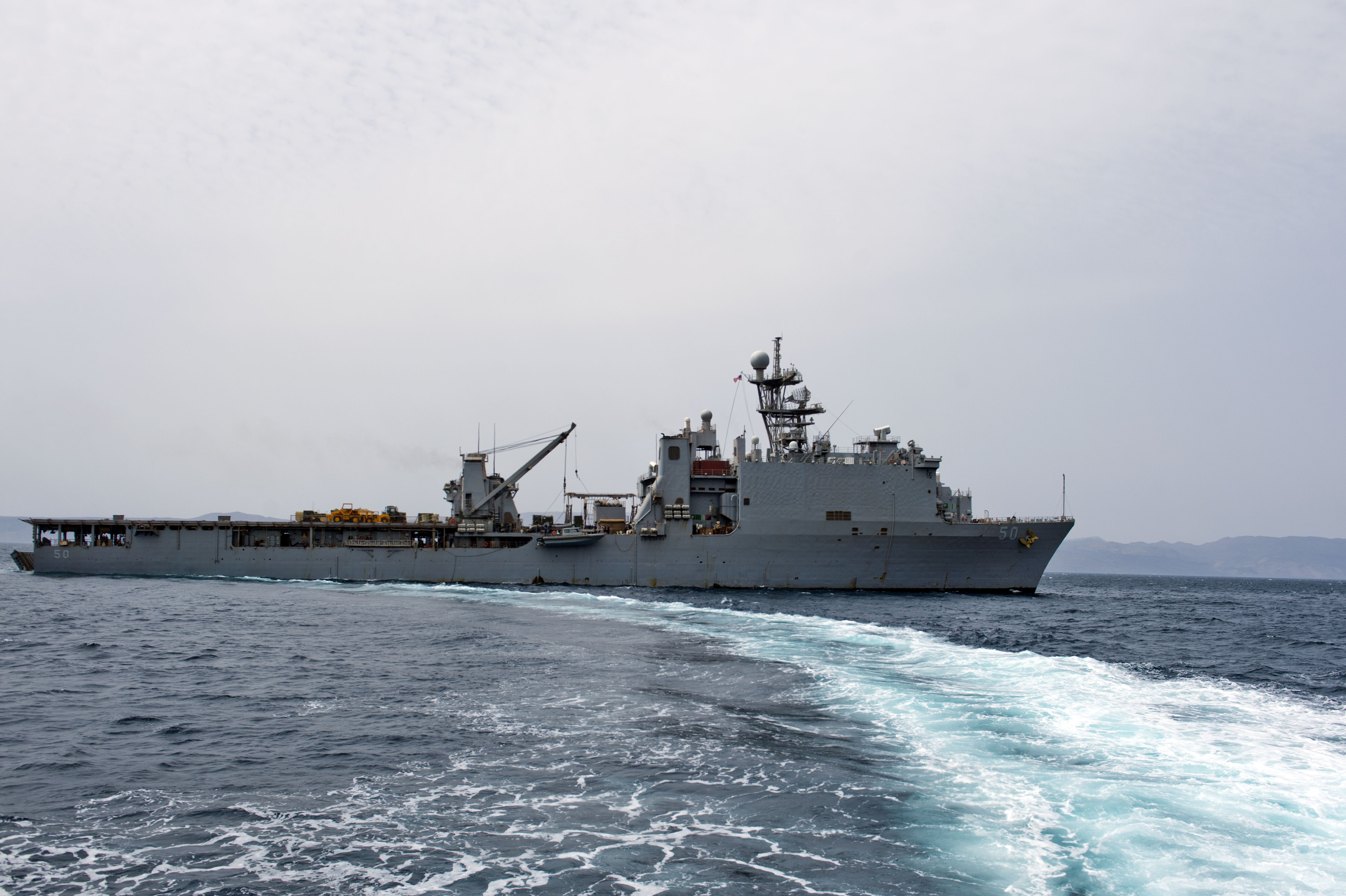 The amphibious dock landing ship USS Carter Hall (LSD 50) conducts operations near Djibouti in 2013. US Navy photo.