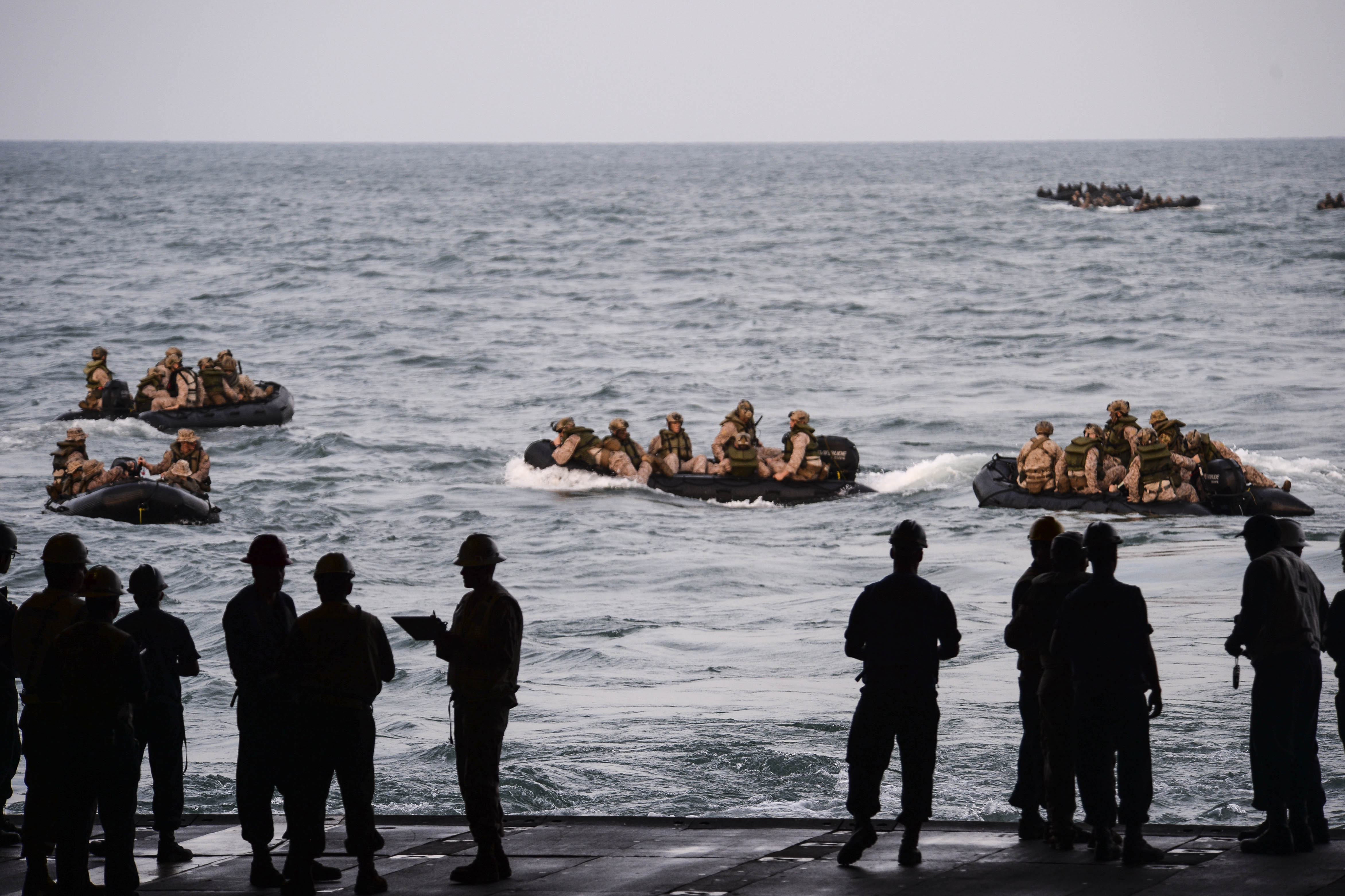Sailors launch Marines assigned to the 31st Marine Expeditionary Unit (31st MEU) and soldiers assigned the Japan Ground Self Defense Force from the well-deck of the amphibious transport dock ship USS Green Bay (LPD 20) during amphibious assault training in June 2015. US Navy photo.