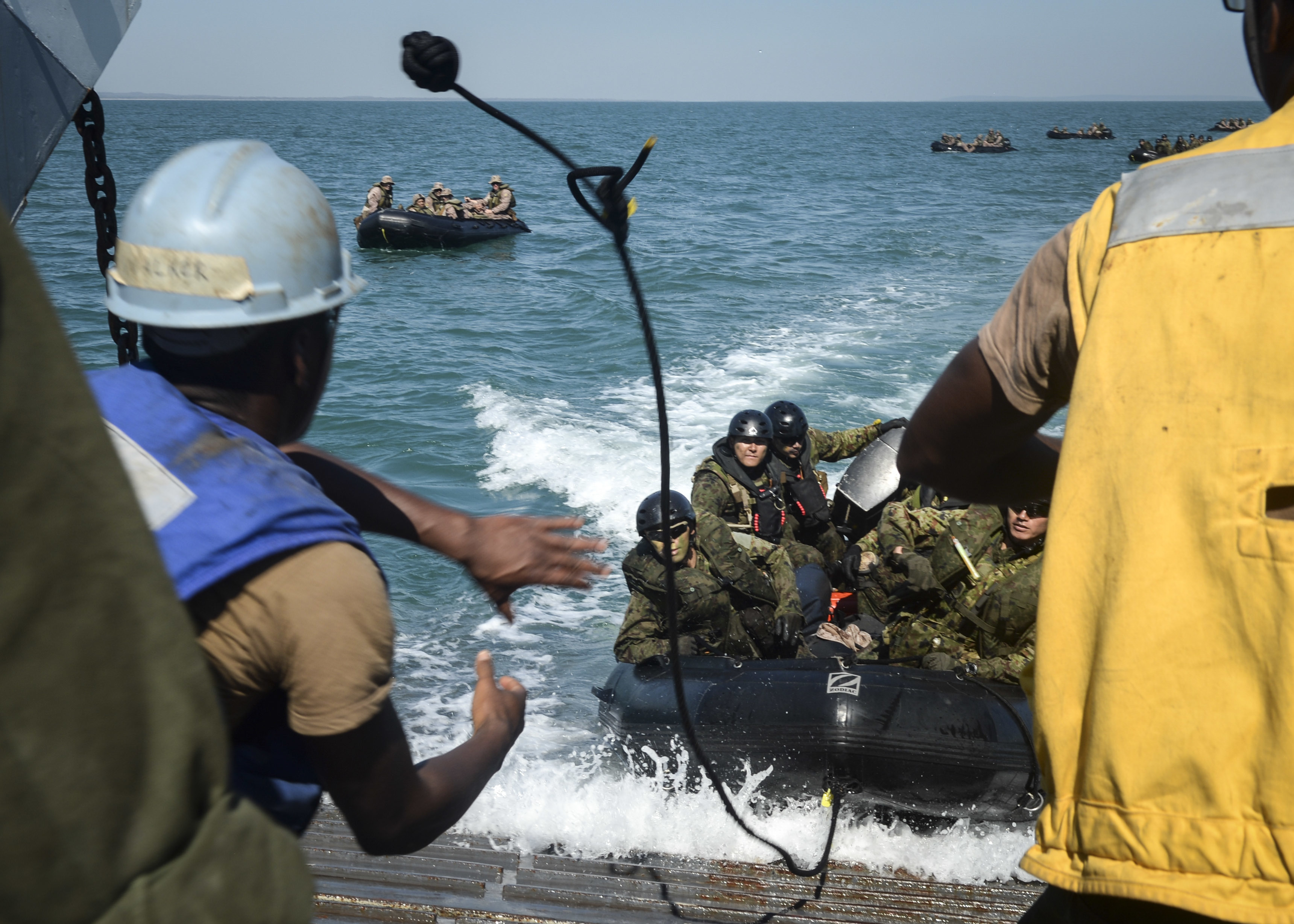 Soldiers from the Japan Ground Self Defense Force recover aboard Landing Craft Utility 1631 after participating in an amphibious assault exercise with Marines from the 31st Marine Expeditionary Unit during Talisman Sabre 2015, an amphibious exercise between the United States and Australia. US Navy photo.