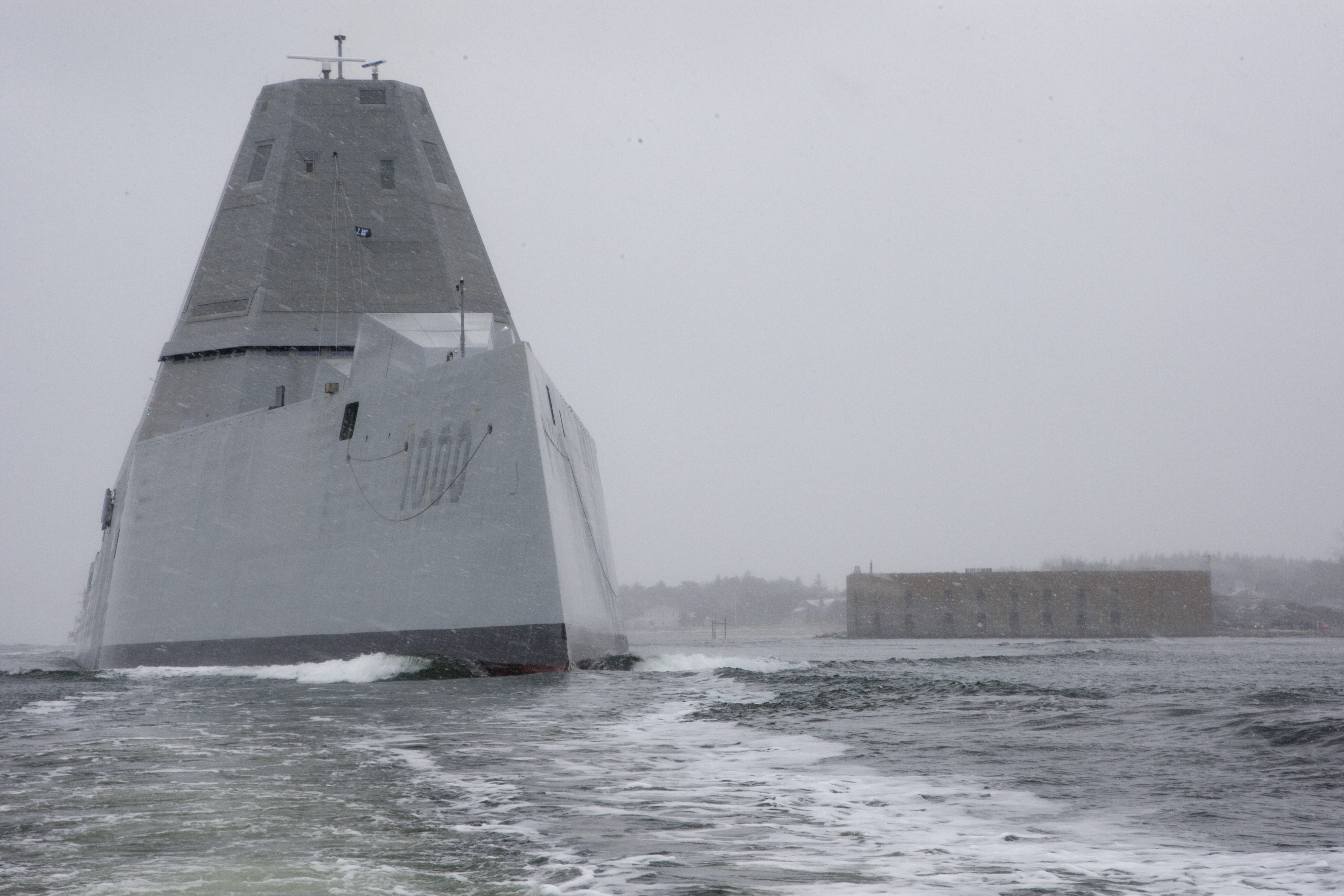 The guided- missile destroyer Zumwalt (DDG-1000) departs the Bath Iron Works shipyard on March 24, 2016. US Navy Photo