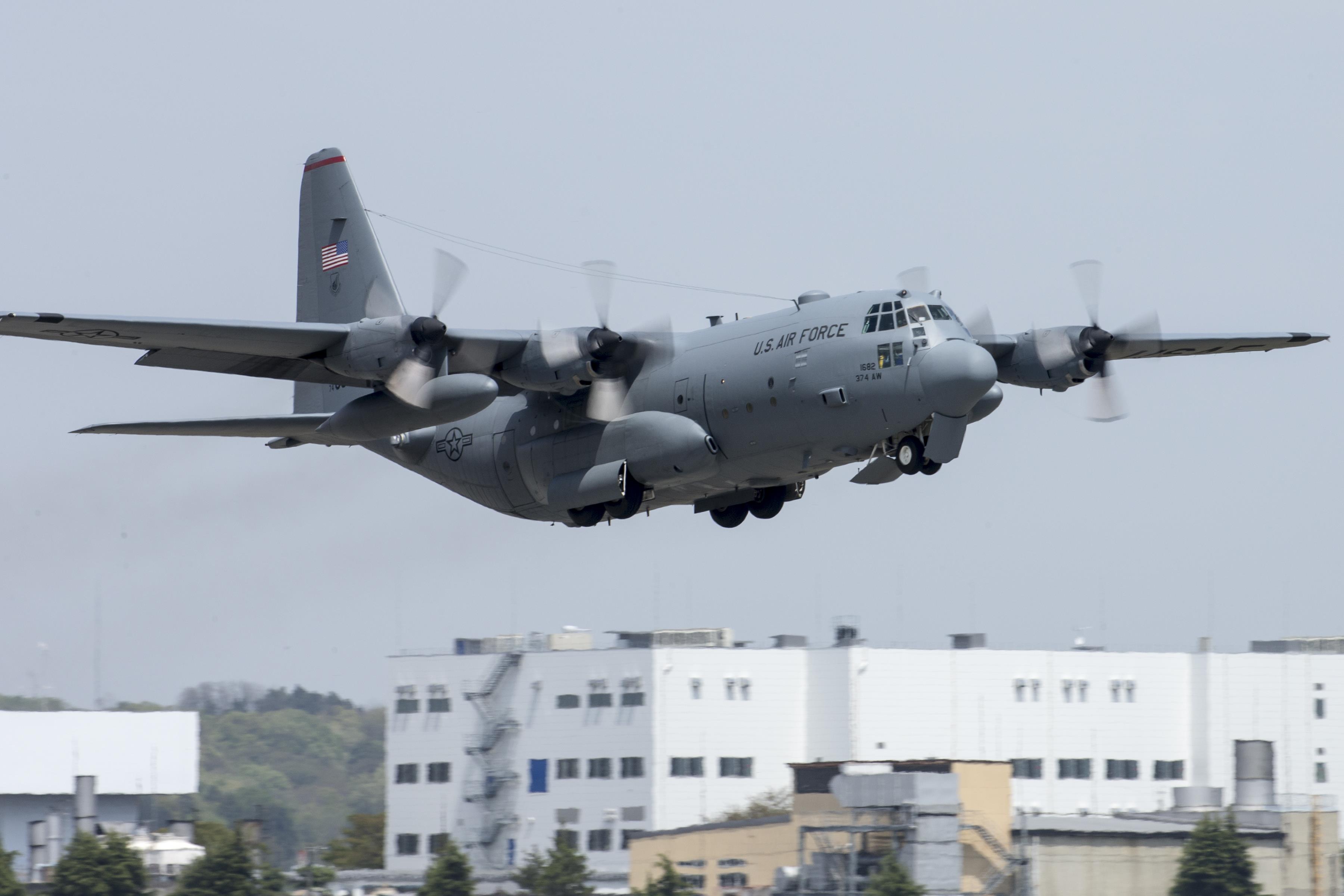A C-130 Hercules takes off from Yokota Air Base, Japan on April 18, 2016. US Aor Force Photo