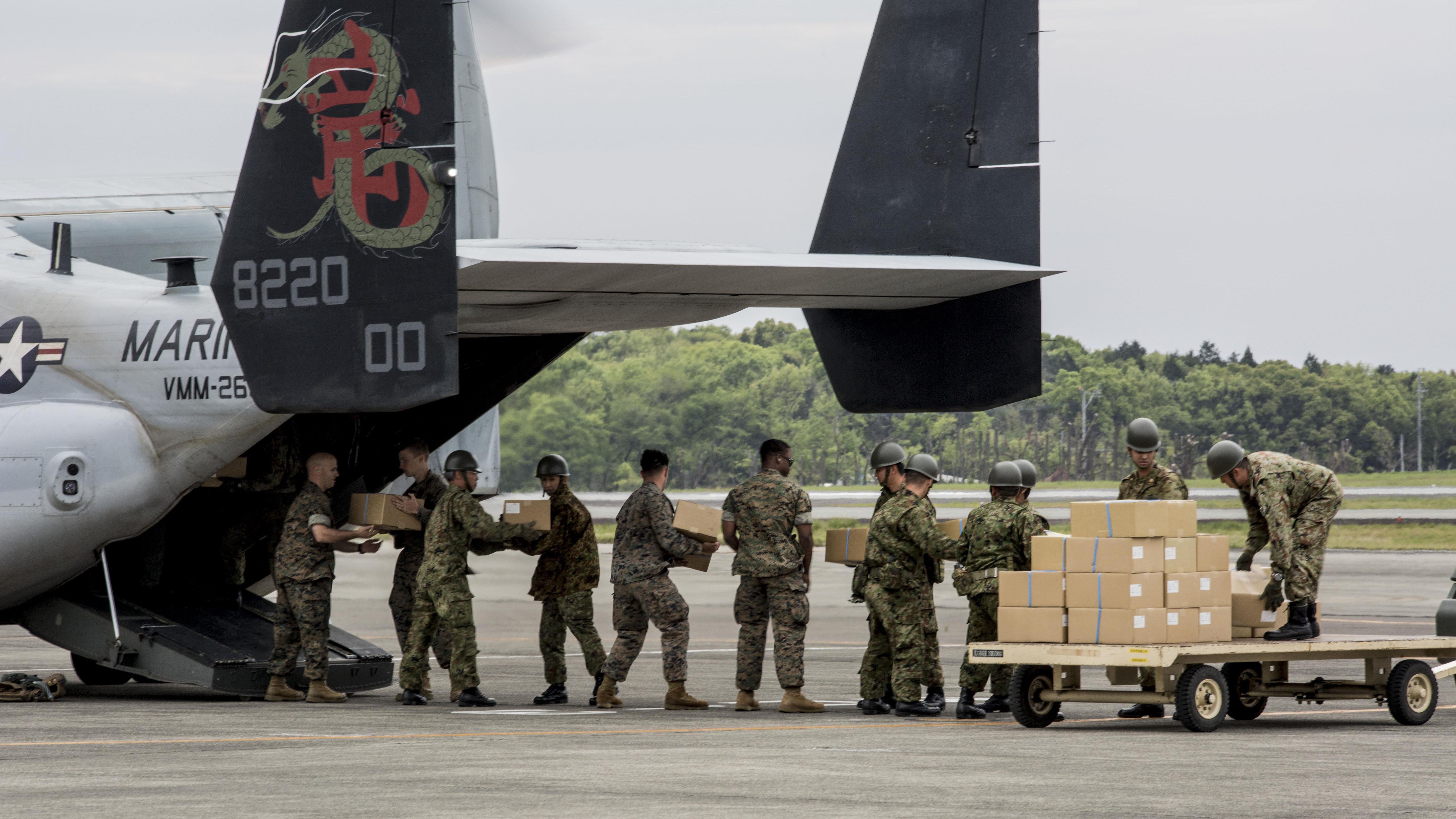 Marines with Marine Medium Tiltrotor Squadron 265 (Reinforced), 31st Marine Expeditionary Unit, assists the Government of Japan in supporting those affected by recent earthquakes in Kumamoto, Japan on April 18, 2016. US Marine Corps Photo