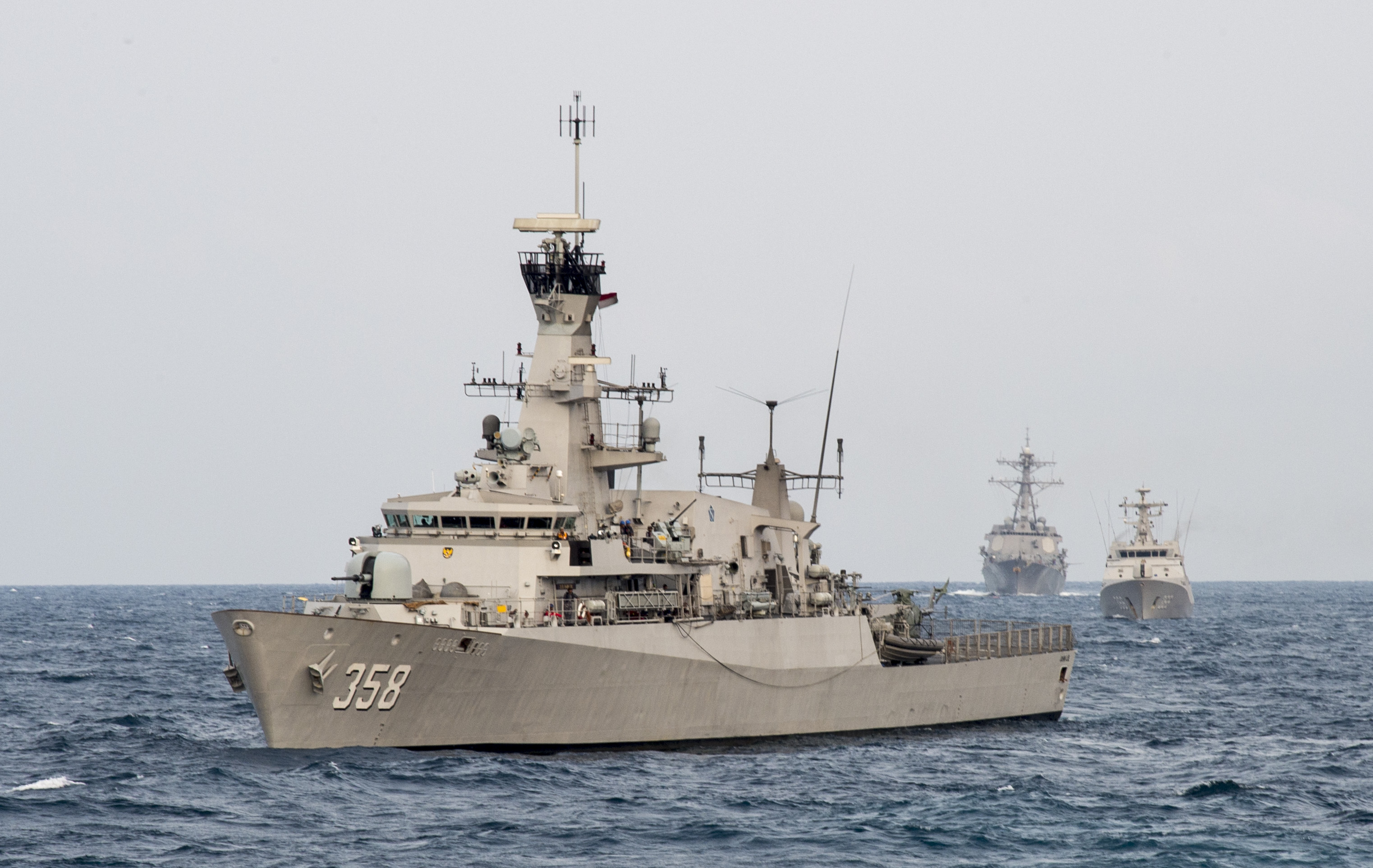 Indonesian Navy corvette KRI John Lie (358) lines up for a combined gunnery exercise. US Navy Photo
