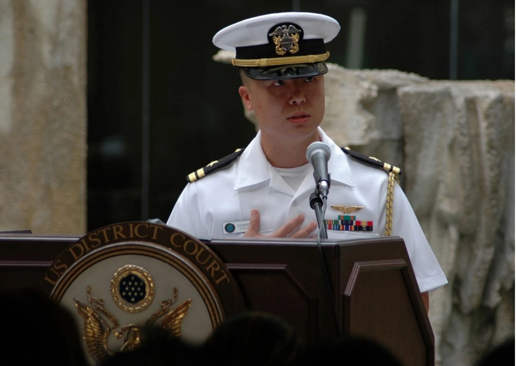 Then-Lt. Edward Lin speaking at 2008 U.S. naturalization ceremony in Hawaii. US Navy Photo