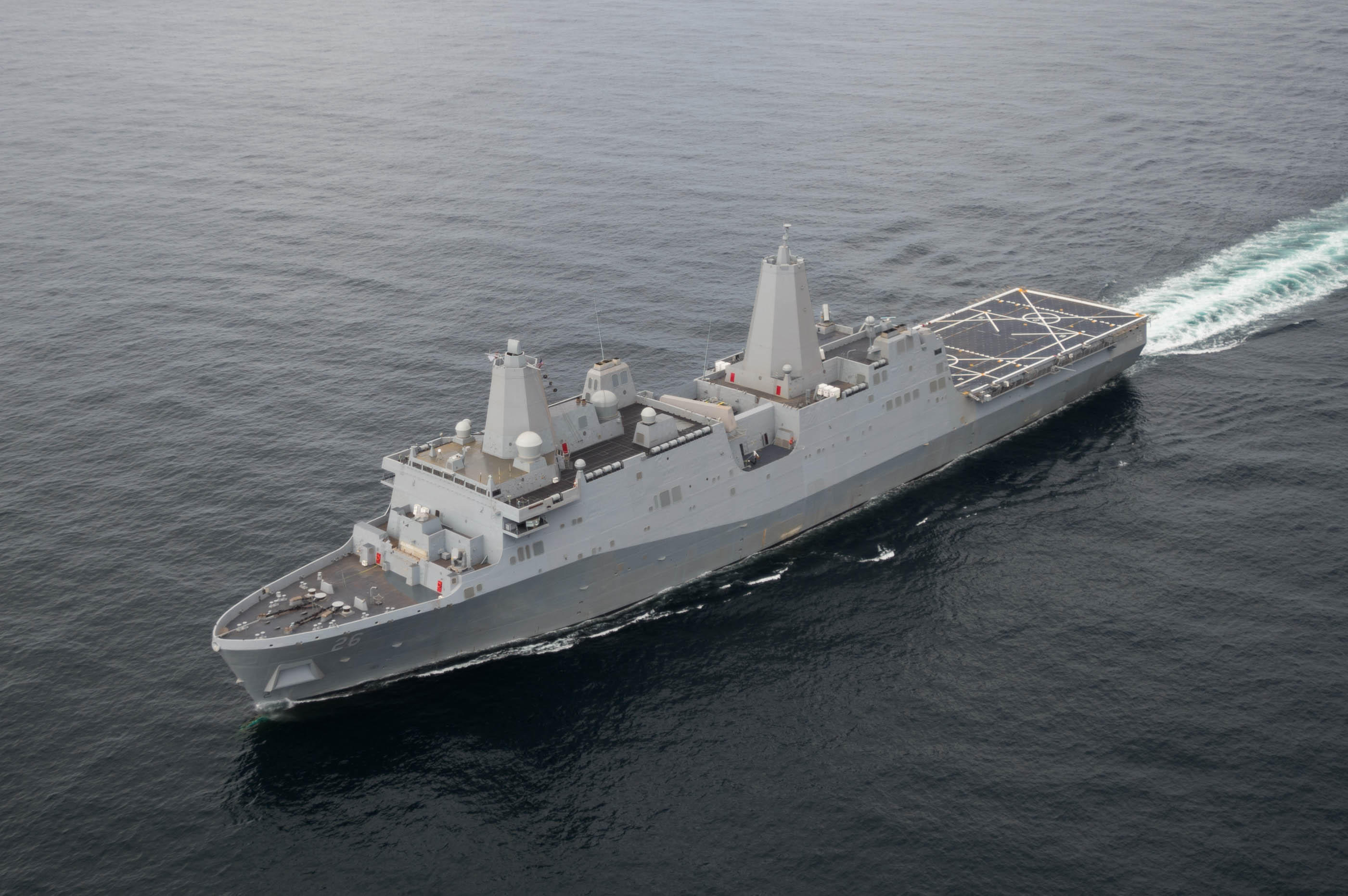 Ingalls Shipbuilding’s 10th amphibious transport dock, John P. Murtha (LPD 26), sails the Gulf of Mexico for Builder’s Trial in March 2016. Huntington Ingalls Industries photo.