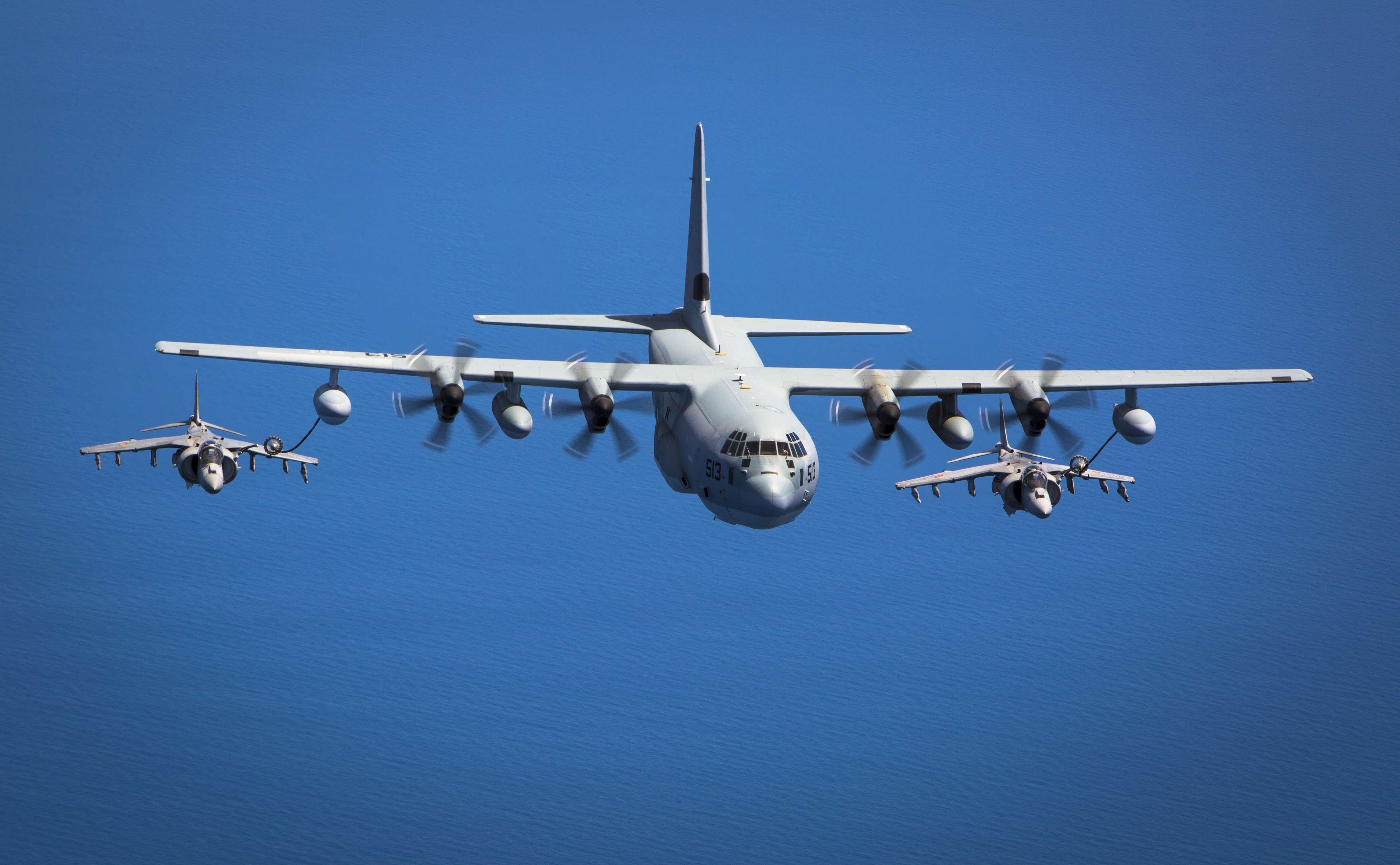Two Spanish Navy Harriers fly behind a U.S. Marine KC-130J from Special-Purpose Marine Air-Ground Task Force Crisis Response-Africa during an aerial-refueling exercise off the coast of Spain May 15, 2015. US Marine Corps photo.