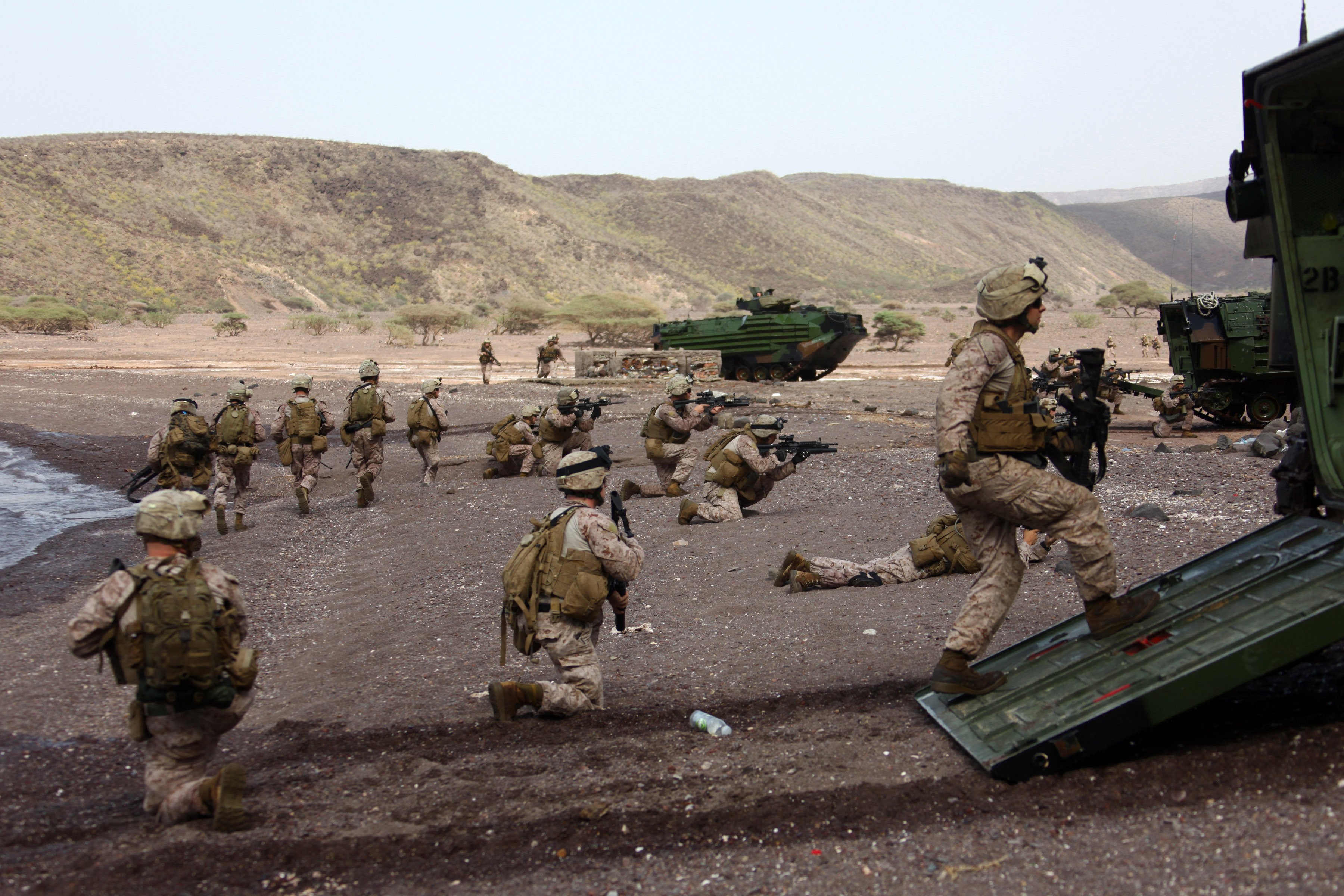 Marines with Alpha Company, Battalion Landing Team 1st Battalion, 2nd Marine Regiment, 24th Marine Expeditionary Unit, assault a beachhead during an amphibious training raid in Djibouti, Aug. 15, 2012. US Marine Corps photo.