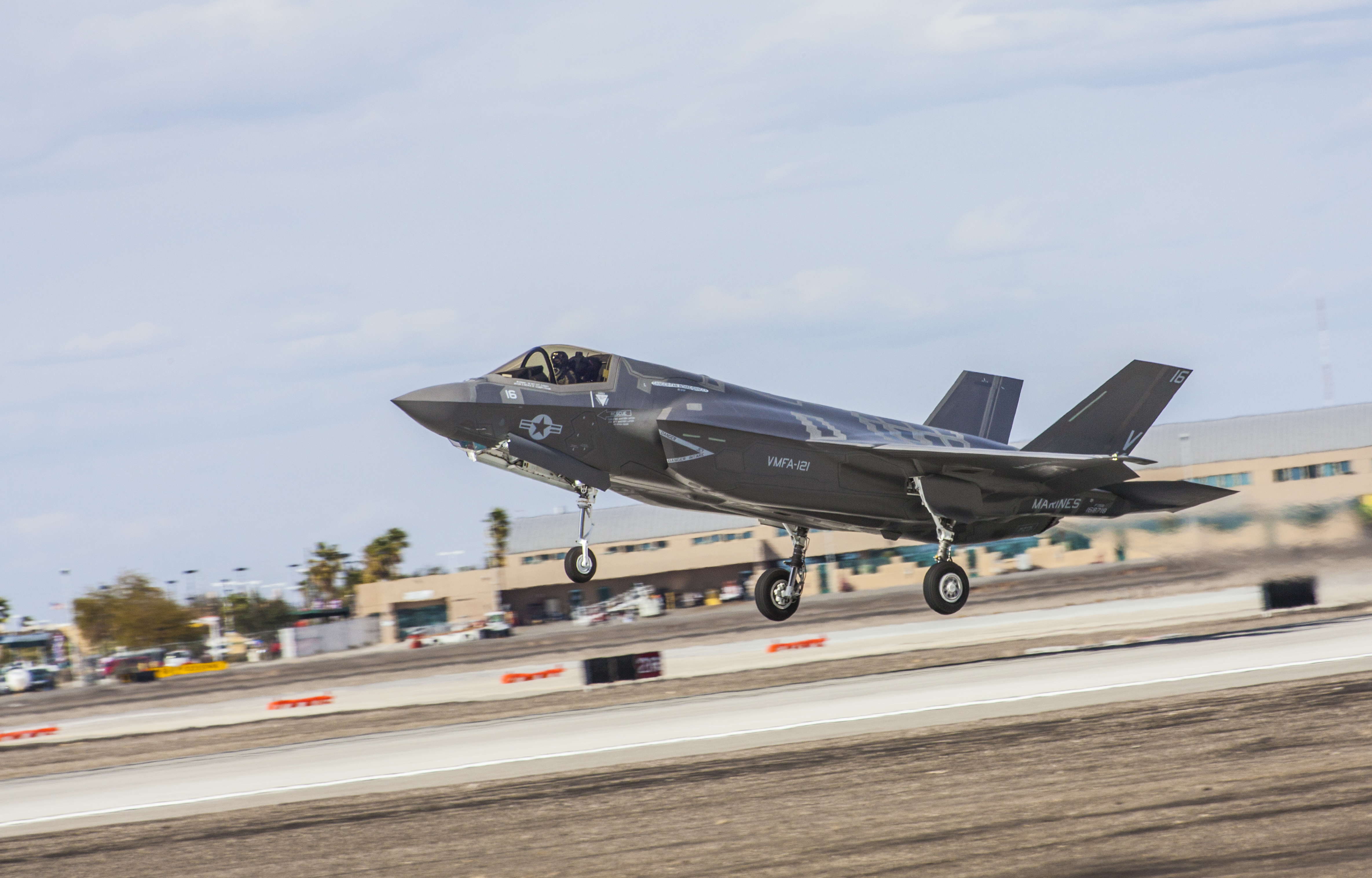 An F-35B Joint Strike Fighter from Marine Fighter Attack Squadron 121 takes off from Marine Corps Air Station Yuma, Ariz., launching the squadron's first orientation flight, Feb. 21, 2013. US Marine Corps photo.